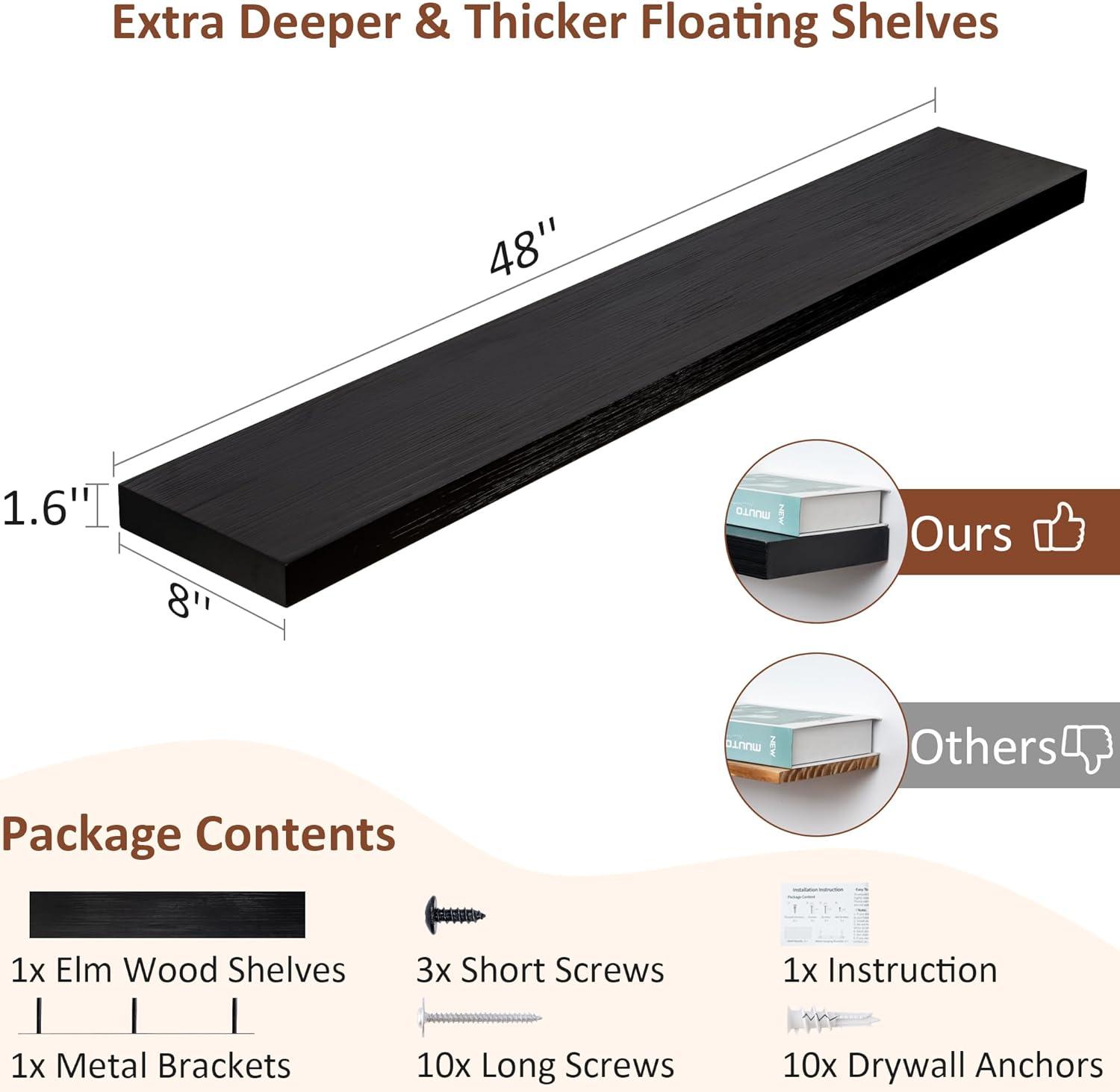 24 Inch Floating Shelves Set of 2, Rustic Solid Wood Wall Mounted Shelves for Decor & Storage, Dark Walnut Shelves for Bedroom Kitchen Living Room - Dark Walnut