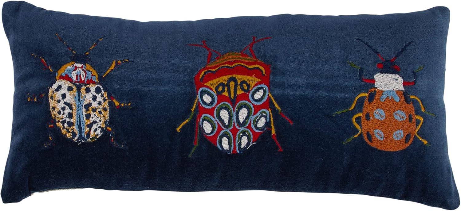 Multicolor Cotton Velvet Embroidered Beetle Lumbar Pillow