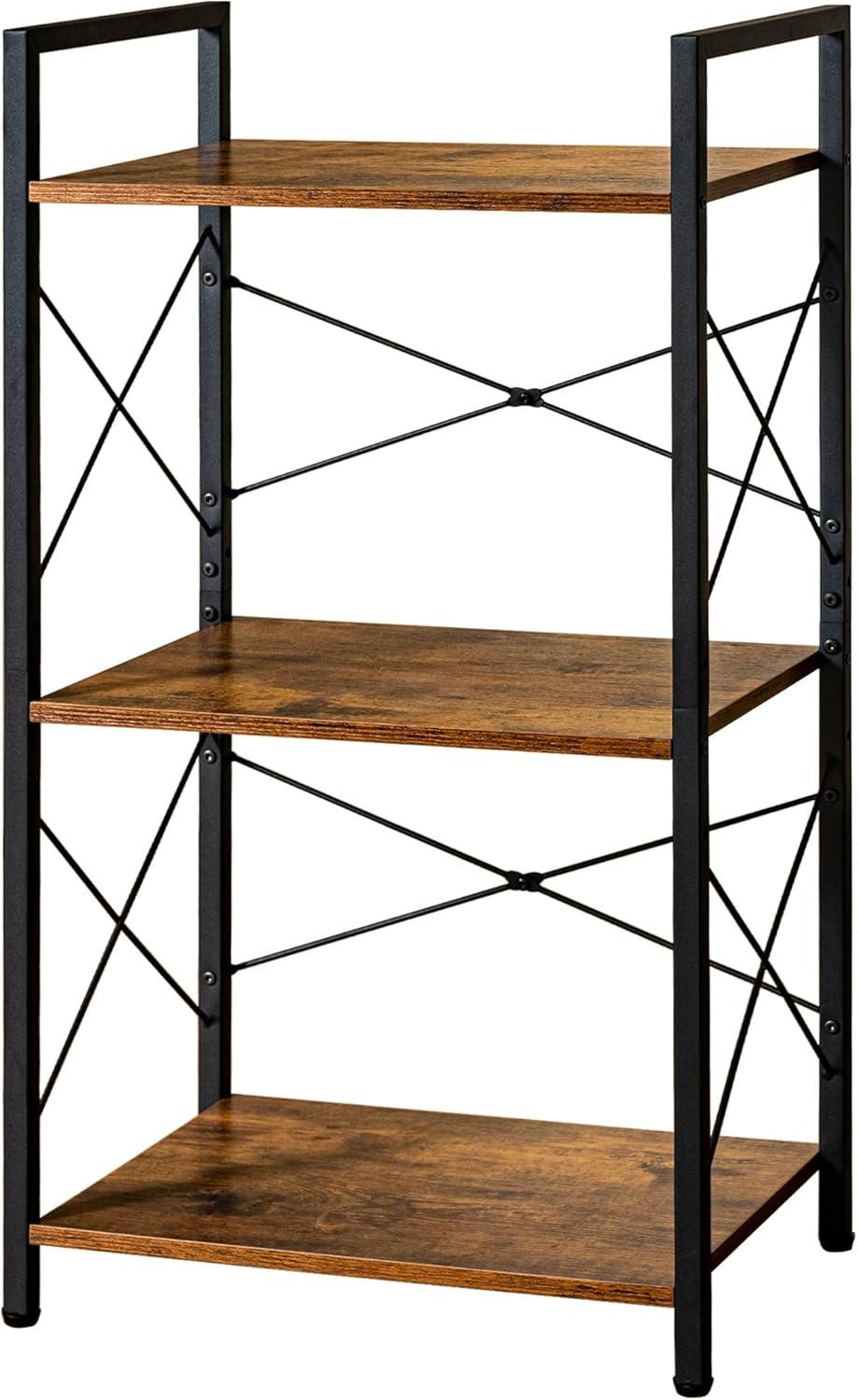 Adjustable 3-Tier Brown Wood and Metal Industrial Bookshelf