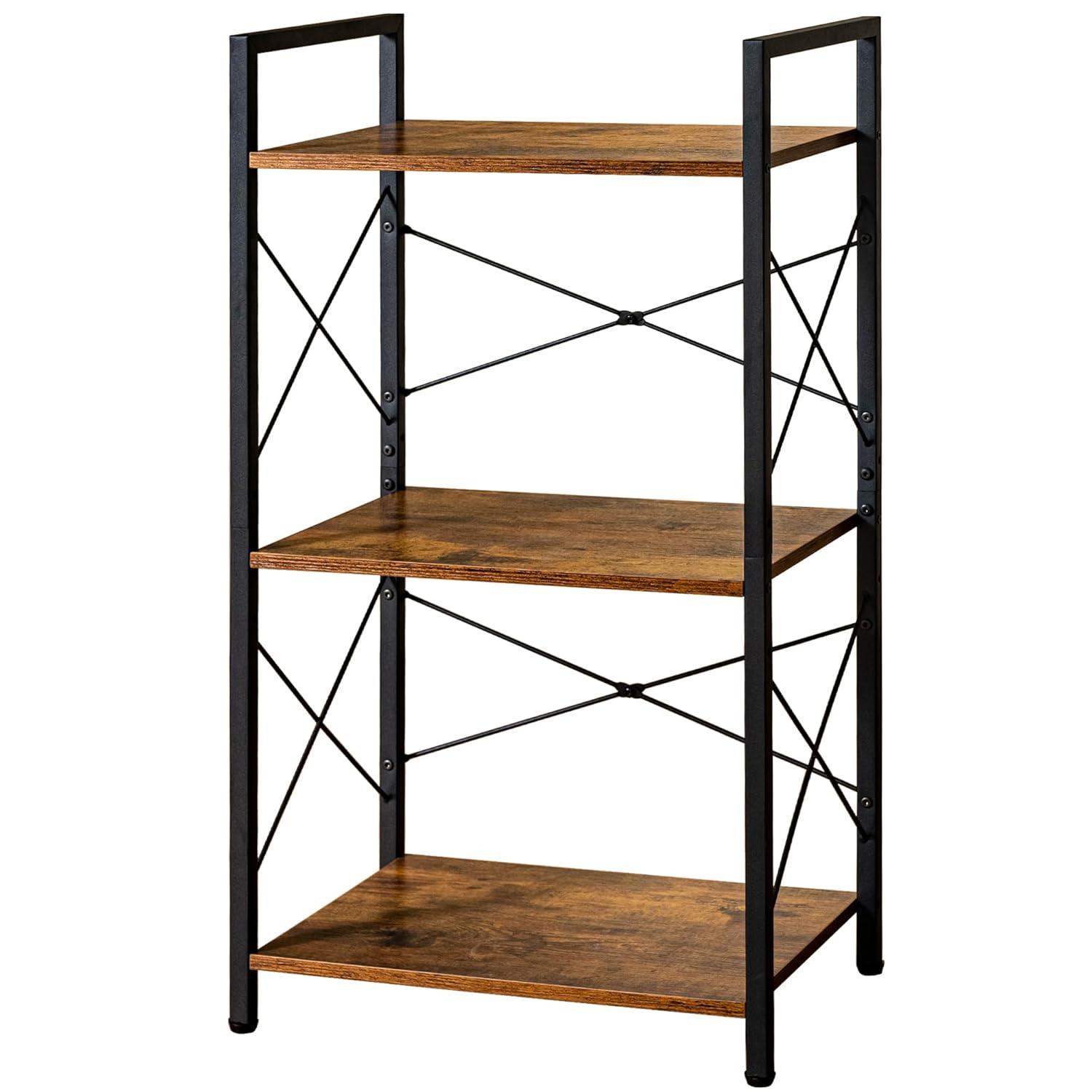 HCHQHS Small Bookshelf, Adjustable 3-Tier Industrial Bookcase, Rustic Open Book Shelf, Wood and Metal Horizontal Bookshelves