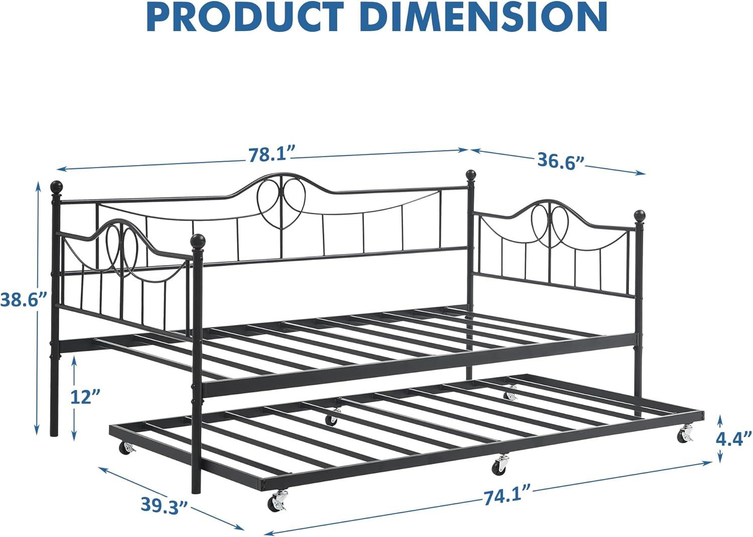 Twin Daybed with Trundle, Metal Day Beds Twin Size, Sofa Bed for Living Room and Guest Room, Black