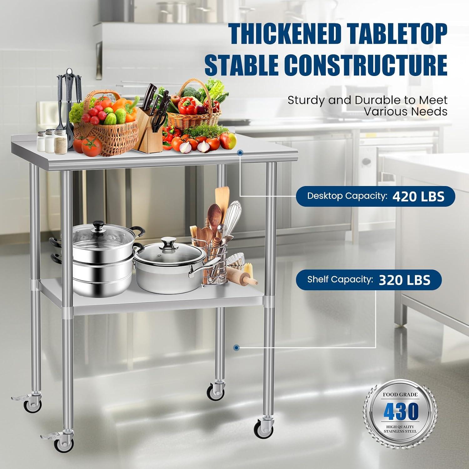 Heavy Duty Stainless Steel Kitchen Prep Table with Adjustable Undershelf and Wheels