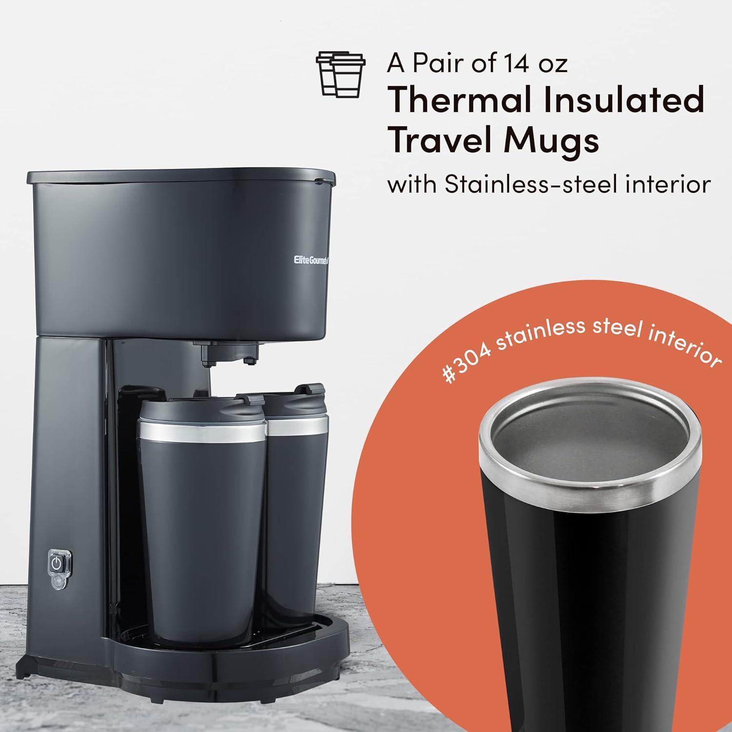 Elite Gourmet Dual Coffee Maker with Two Stainless Steel Interior Travel Mugs, Black