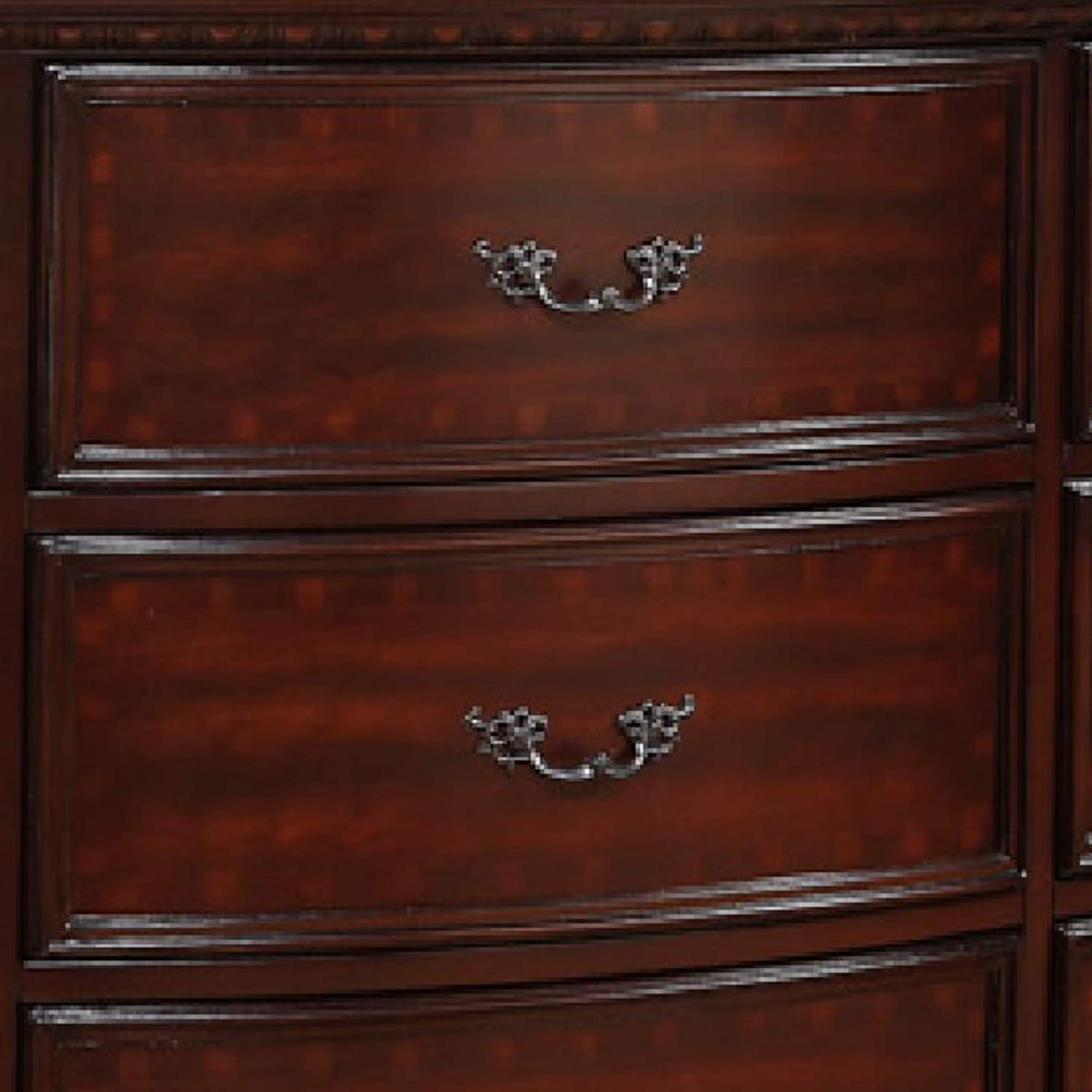 Benjara 9 Drawers Dresser with Engraved Details and Bracket Feet, Cherry Brown