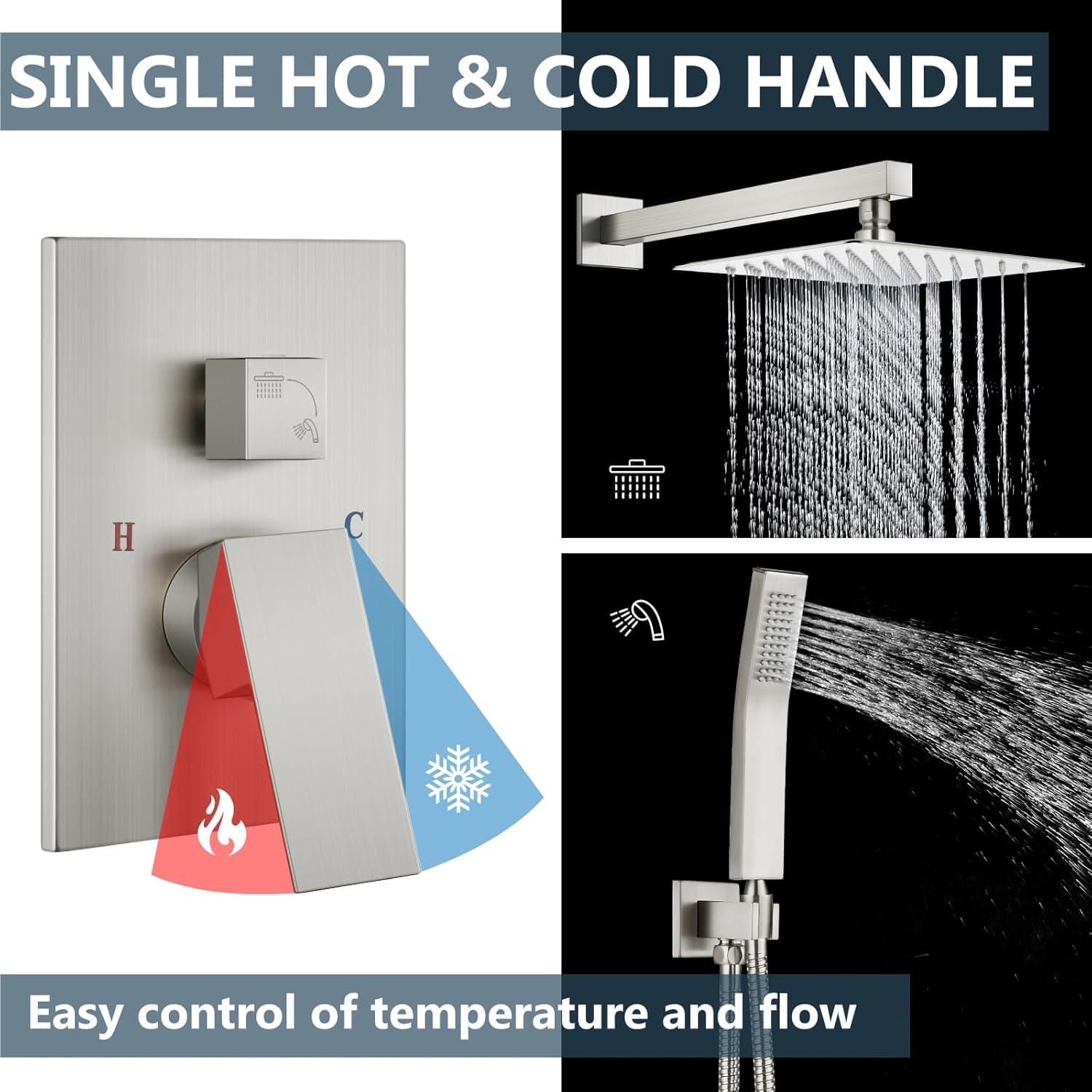 Aolemi Shower Faucet Set Rain Shower System with Handheld Spray Bathroom Shower Combo Rough-in Valve and Shower Trim Kit Included Brushed Nickel 8 Inch Wall Mount Shower Head