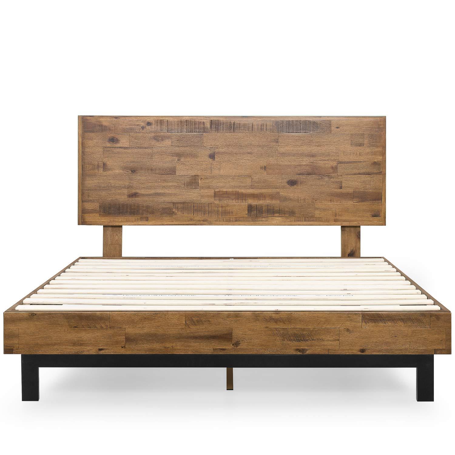King Tricia Wood Platform Bed Frame with Adjustable Headboard Brown - Zinus: Rustic Style, No Box Spring Needed, 700 lbs Capacity