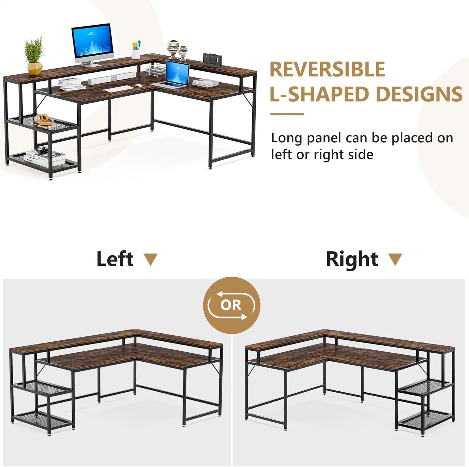 Extra Large Brown L-Shaped Computer Desk with Storage Shelves