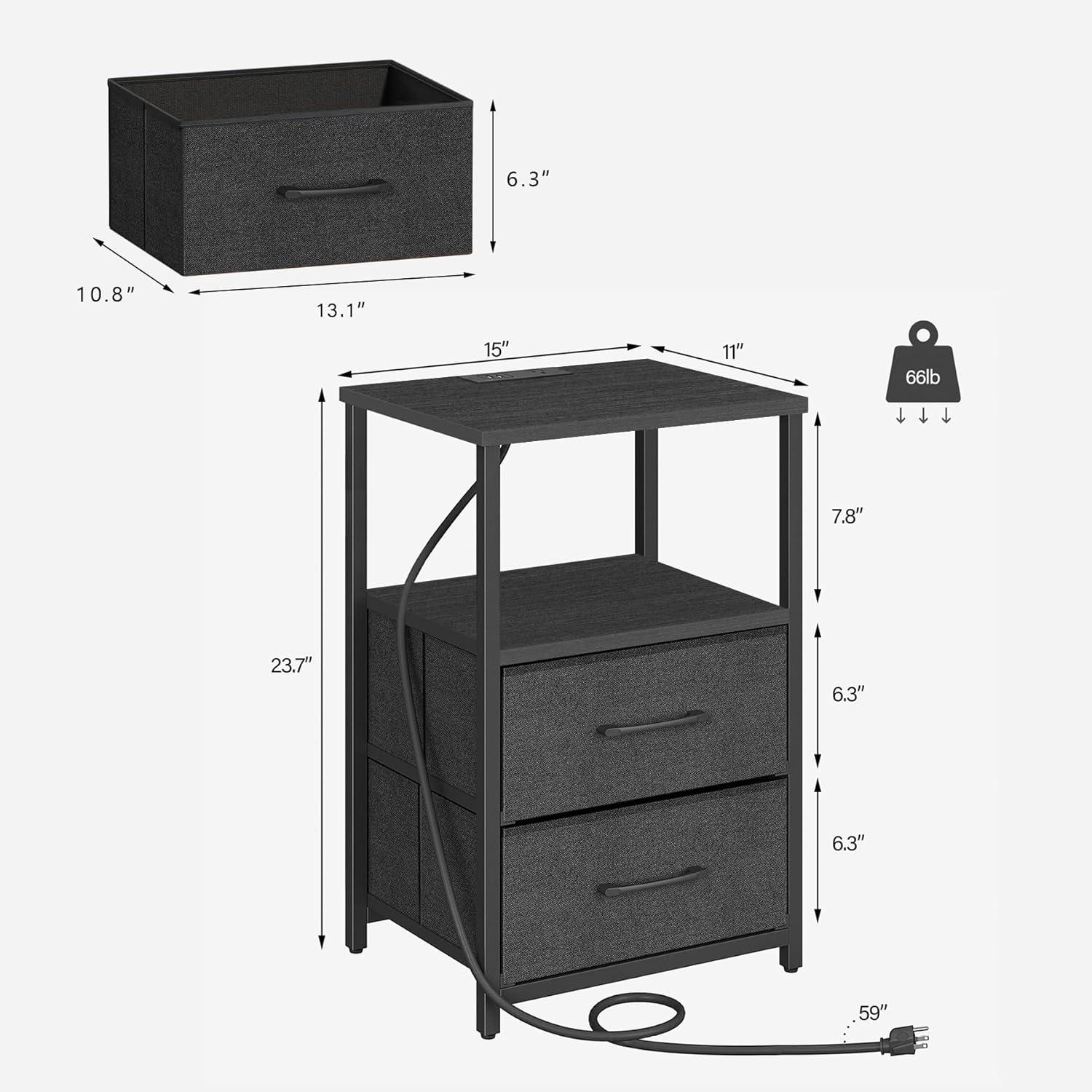 Night Stand Set of 2 with Charging Station, LED Nightstand with Fabric Drawers, End Table with PU Finish, Bed Side Table, Black