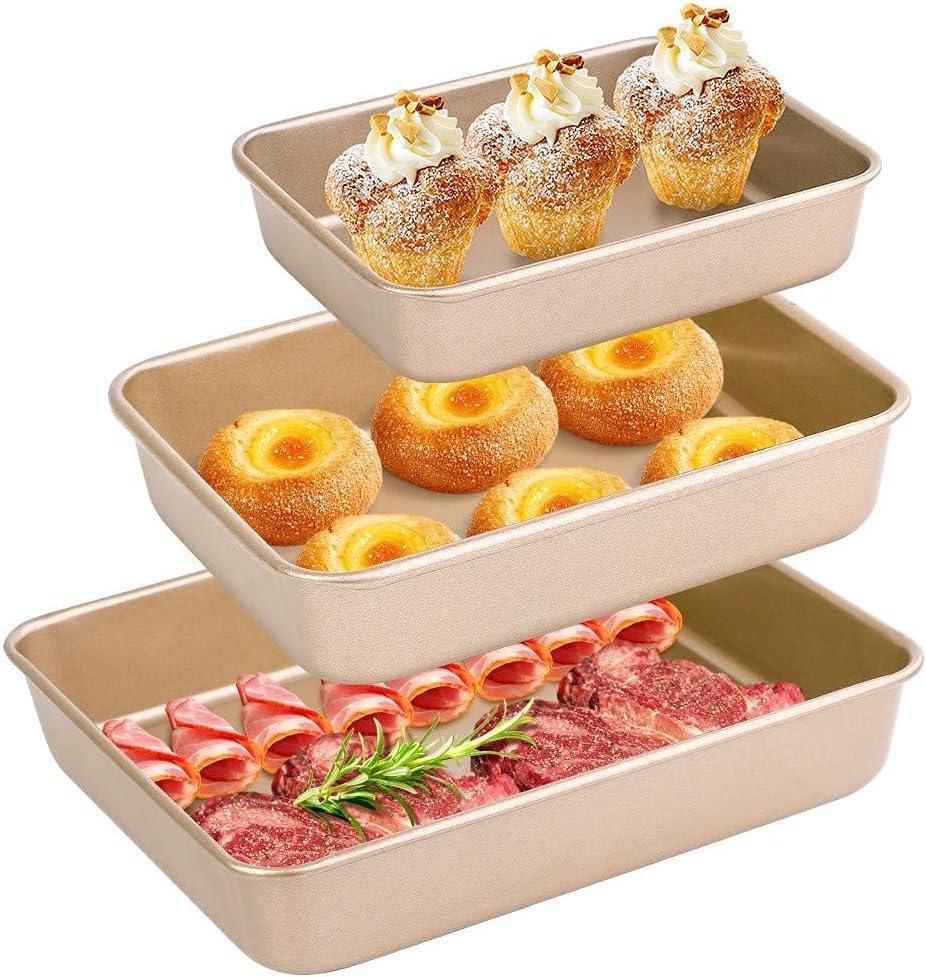 AMAGABELI GARDEN & HOME Deep Baking Pans Nonstick for Oven Tray Cake Carbon Steel Pan Baking Sheets Set of 3 Rectangle Bakeware Set for Cake Lasagna Brownie Casserole Cookie Cooking Gold