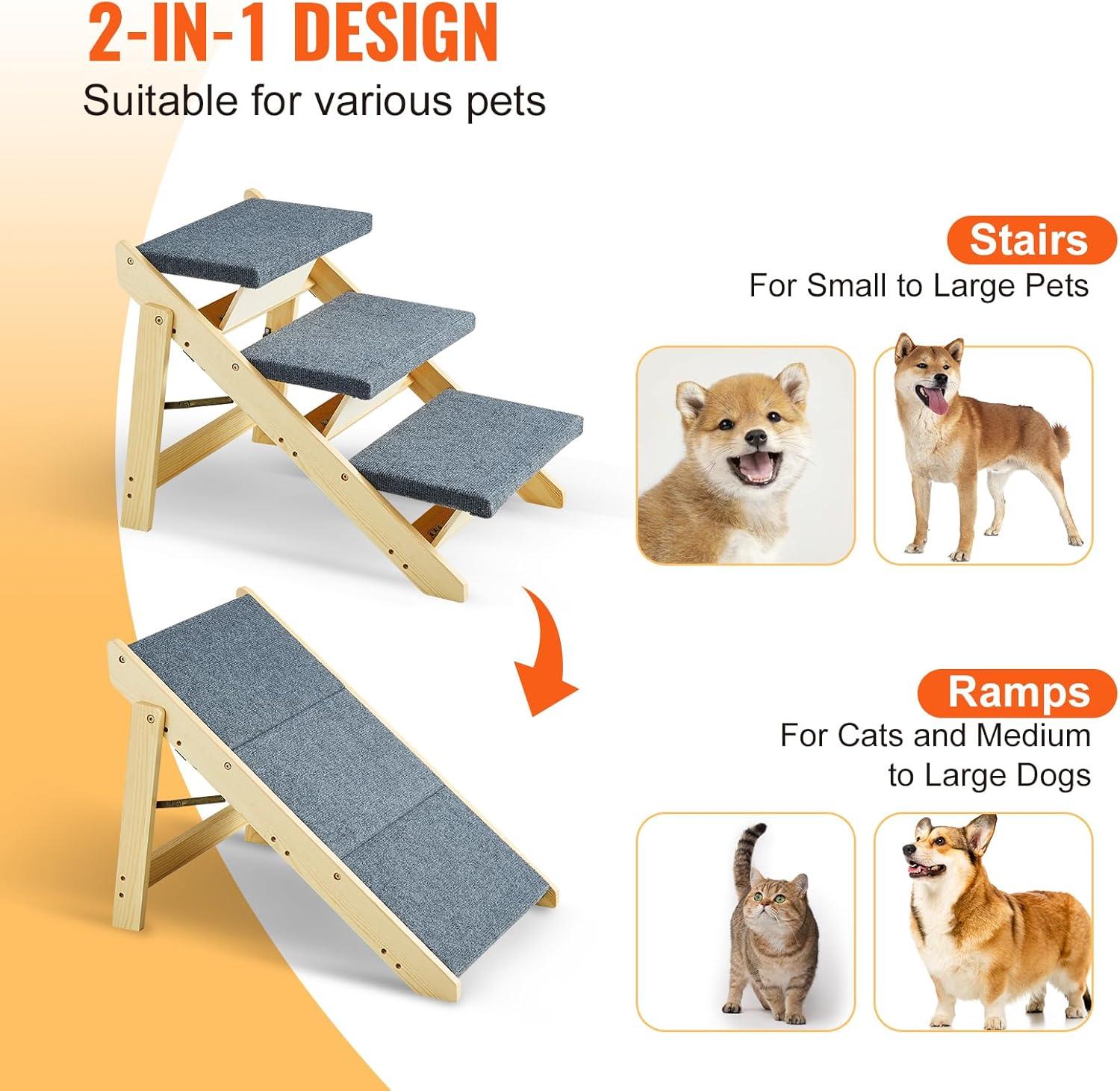 VEVOR Wood Pet Stairs/Pet Steps, 2-in-1 Foldable Wooden Dog Stair for Beds, Sofa and Cars, Dog Stairs  Ramp with 3 Steps for Small Medium Large Pet, up to 150 lbs