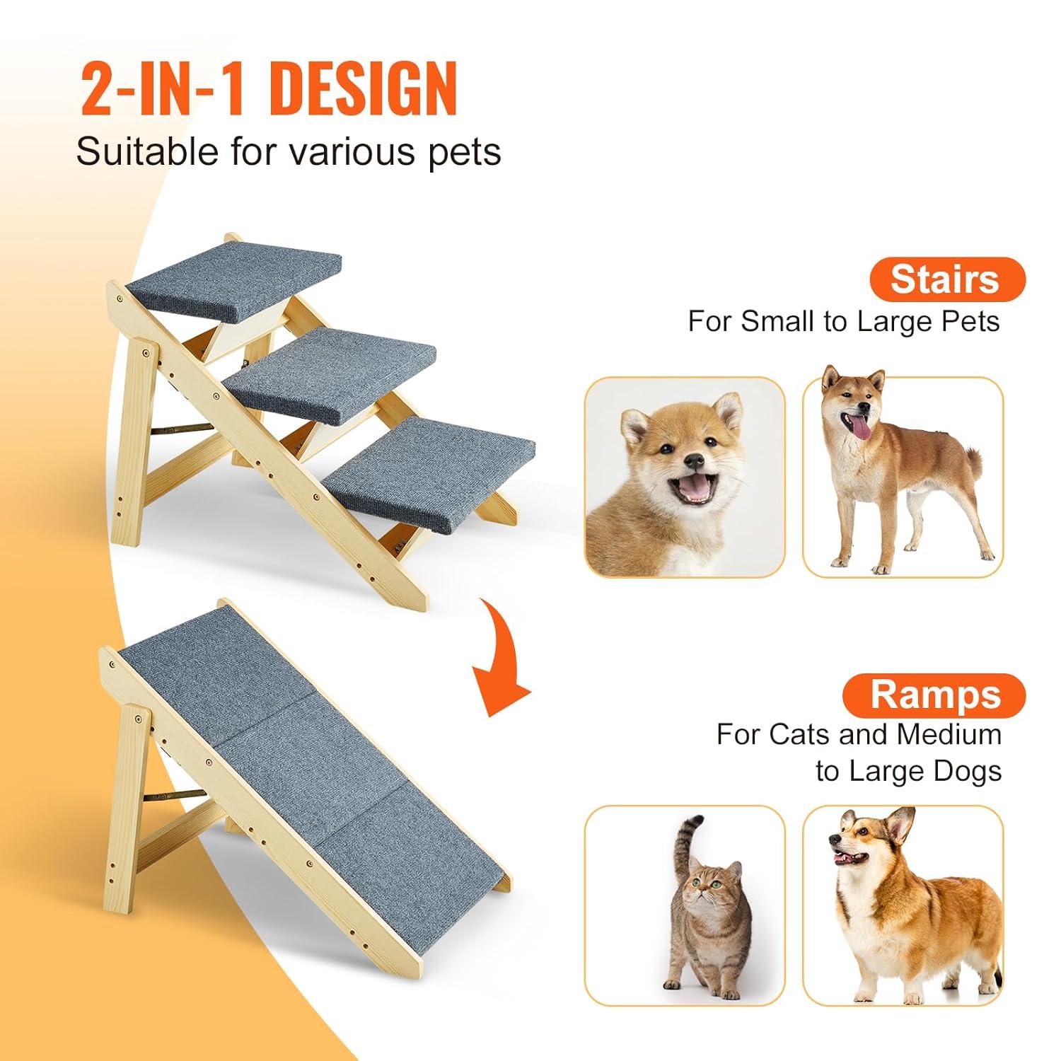 VEVOR Wood Pet Stairs/Pet Steps, 2-in-1 Foldable Wooden Dog Stair for Beds, Sofa and Cars, Dog Stairs  Ramp with 3 Steps for Small Medium Large Pet, up to 150 lbs