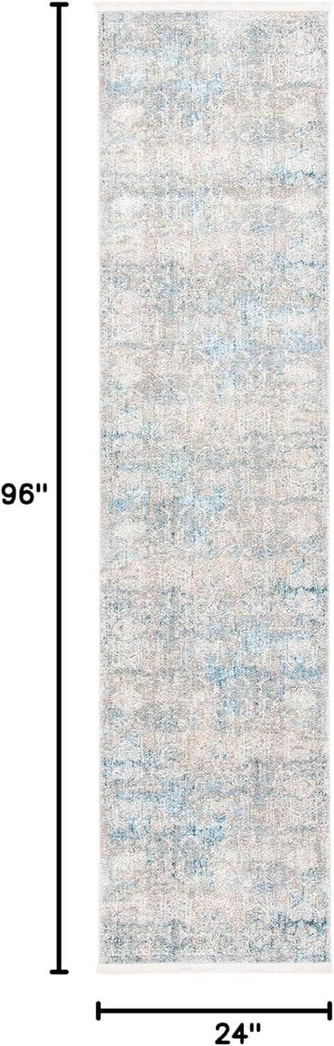 Gray and Blue Hand-Knotted Wool and Viscose Runner Rug