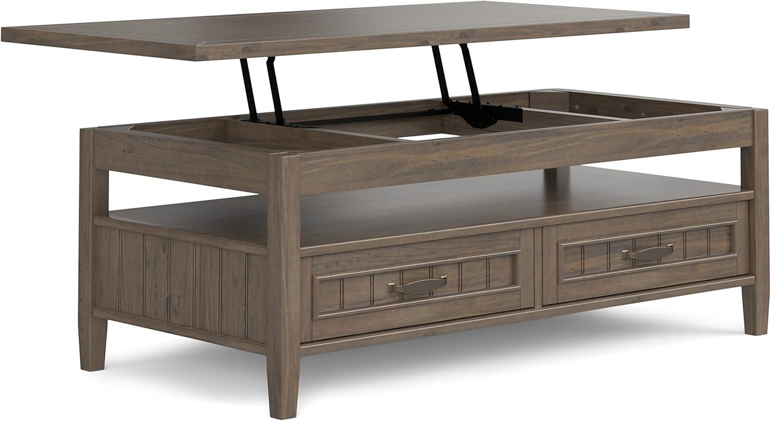 Simpli Home Lev SOLID WOOD 48 inch Wide Rectangle Transitional Lift Top Coffee Table in Smoky Brown