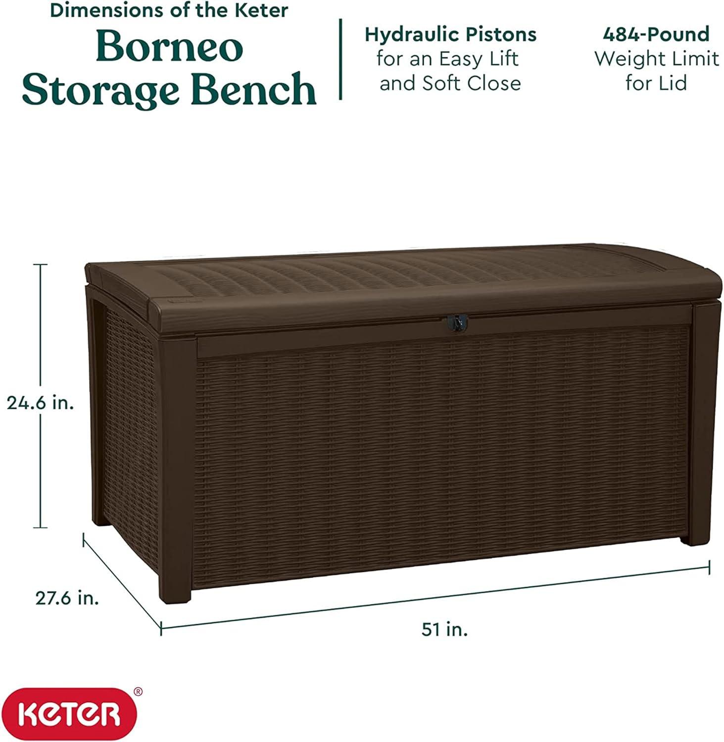 Keter Borneo 110 Gallon Rattan Wicker Resin Patio Deck Storage Box Bench