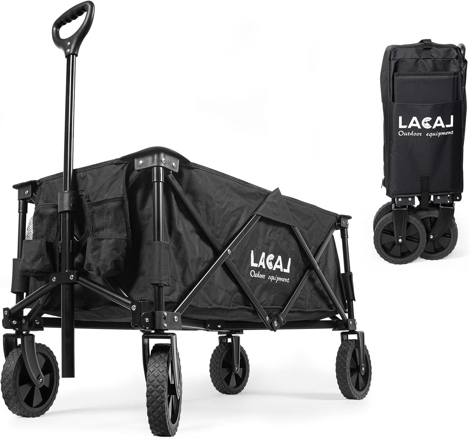 Folding Wagon Cart Heavy Duty Collapsible Utility Wagon Outdoor Camping Garden Cart with Universal Wheels for Camping, Sports, Shopping (All Black)