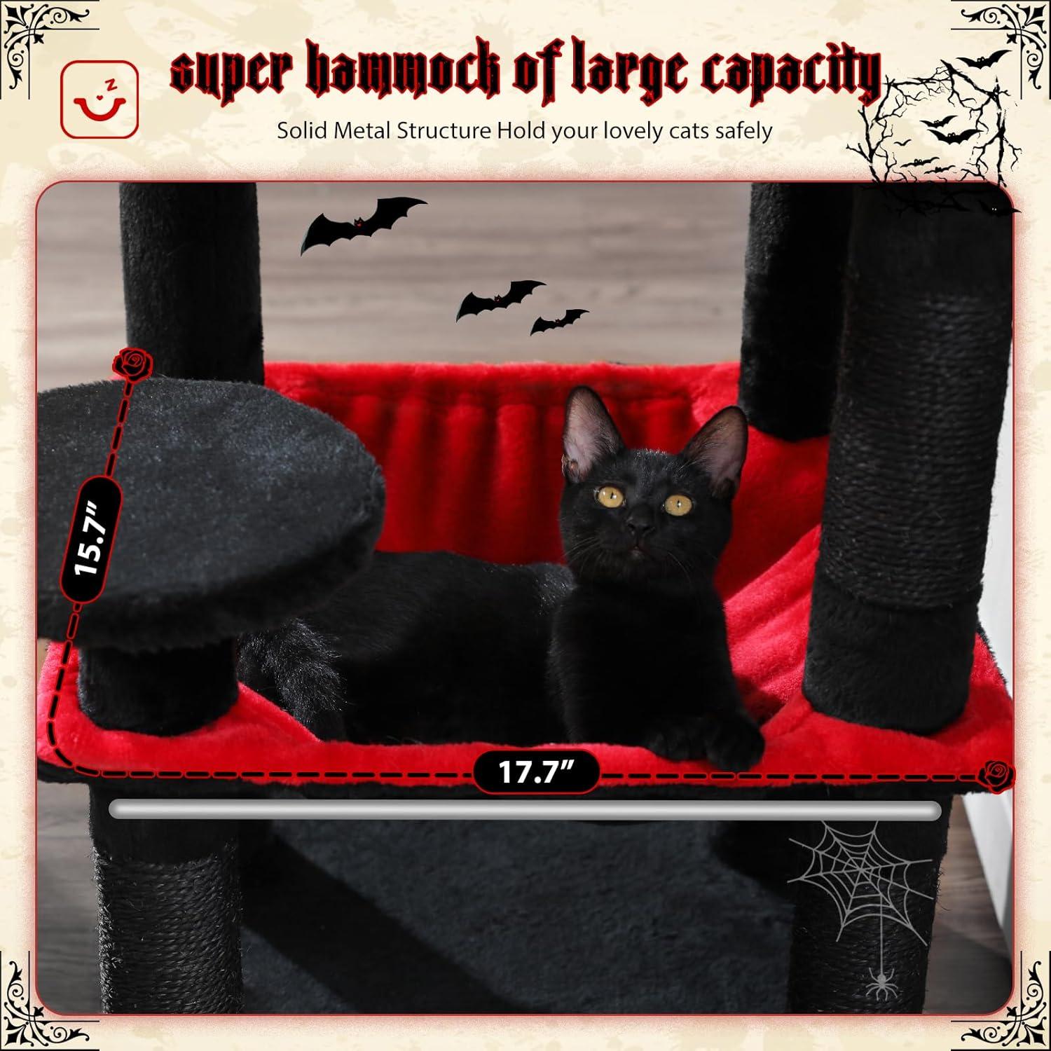 Gothic Cat Tree With Super Large Hammock, Cat Tower With Coffin Bed, Cat Condo, Sisal Scratching Posts & Top Perch, Multi-Level Goth Cat Tree, Halloween
