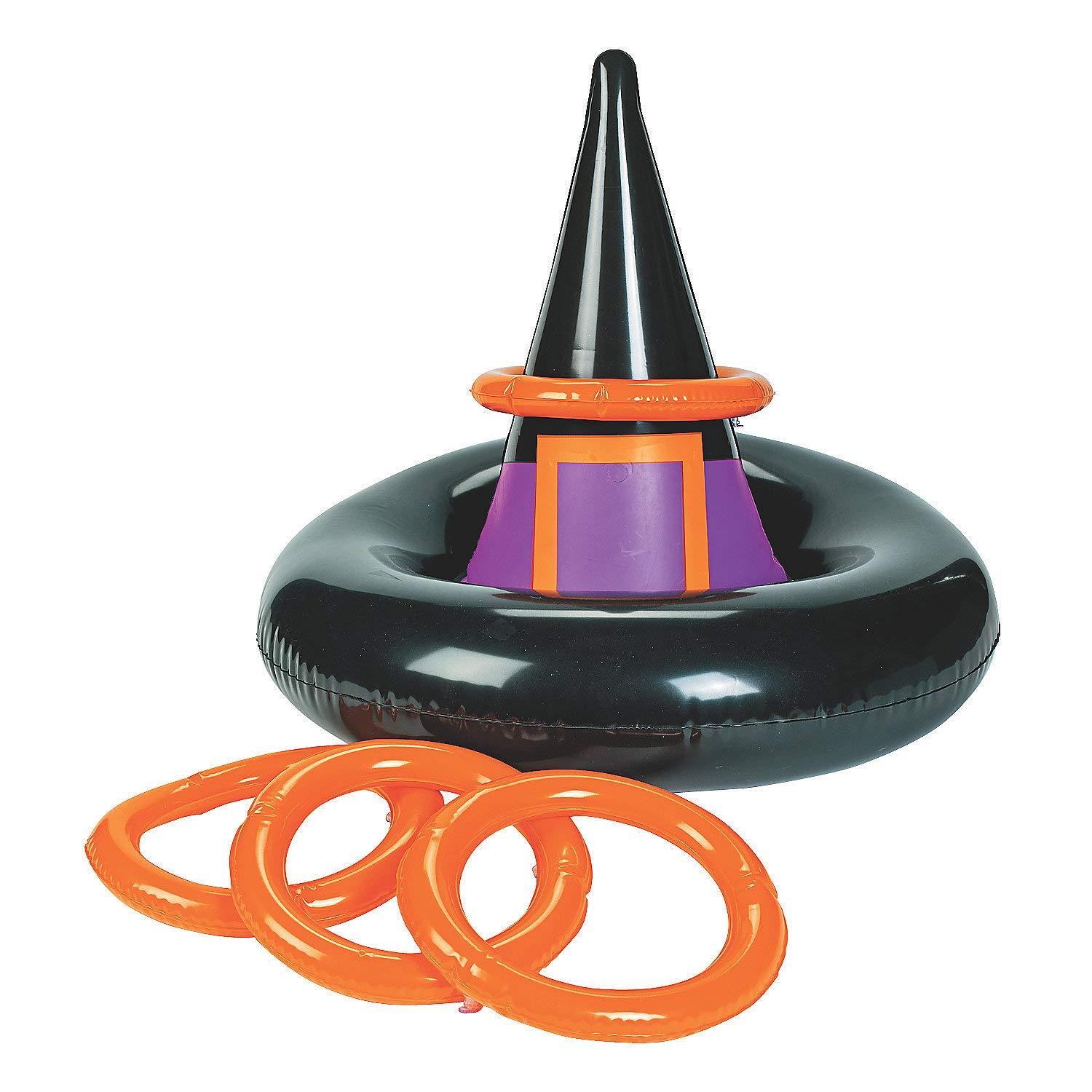 Inflatable Black Witch Hat Ring Toss Game with Orange Rings