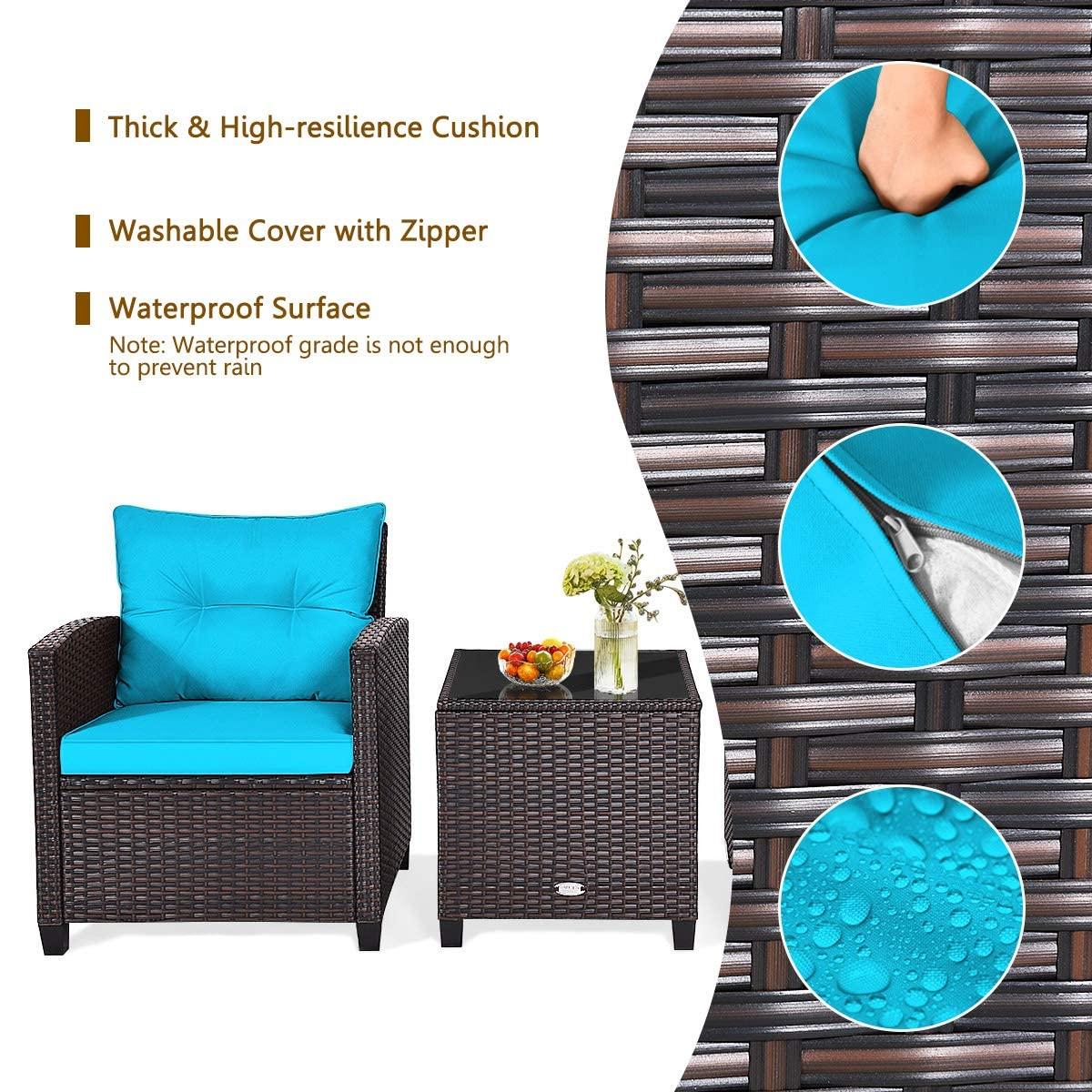 Giantex 3 Pieces Patio Furniture Set, PE Rattan Wicker 3 Pcs Outdoor Sofa Set w/Washable Cushion and Tempered Glass Tabletop, Conversation Furniture for Garden Poolside Balcony (Turquosize)