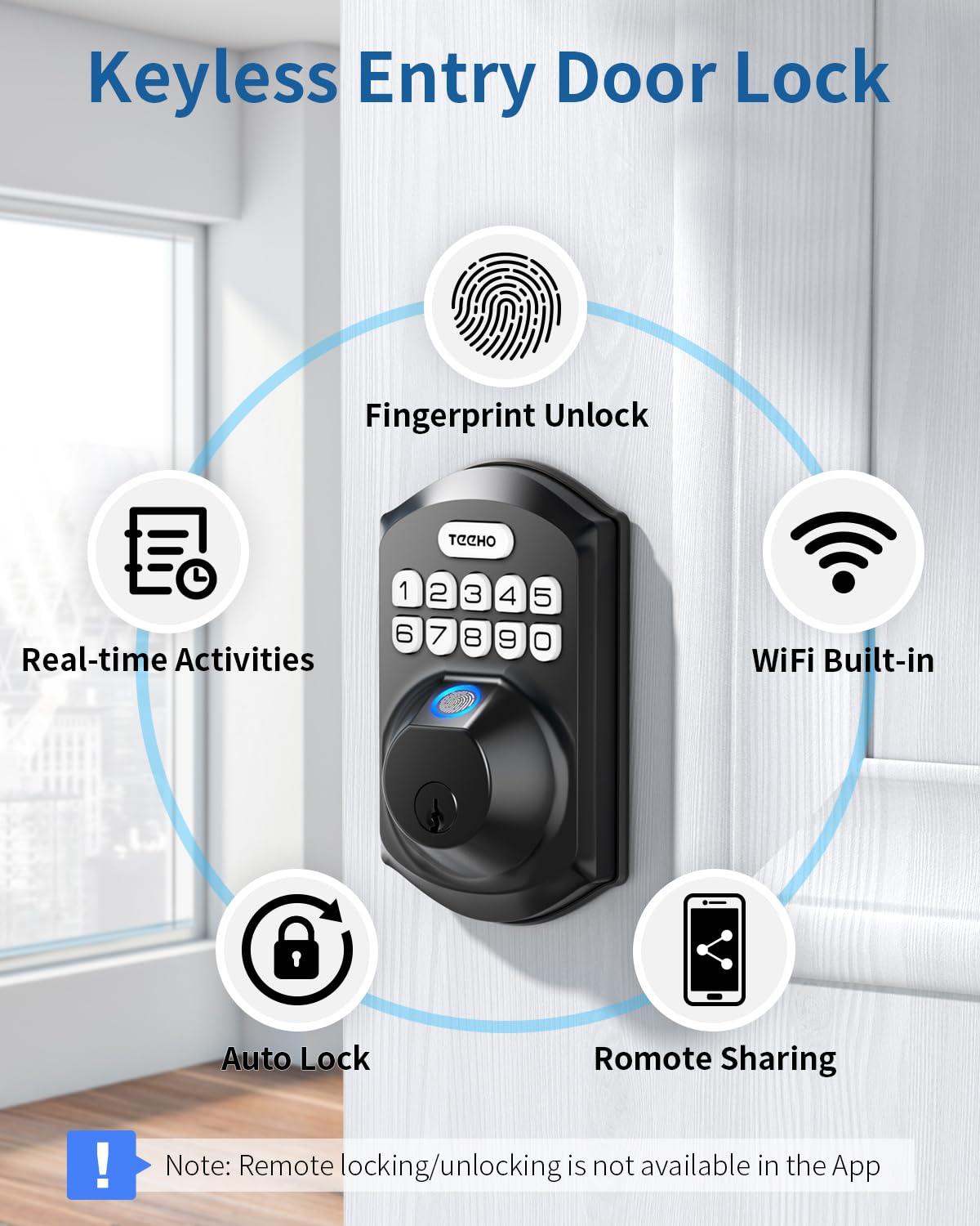 TEEHO Fingerpint smart lock, Keyless Entry Door Lock,  Digital Deadbolt Lock for Front Doors, Remotely Share PIN Code, Easy Installation-Matte  Black