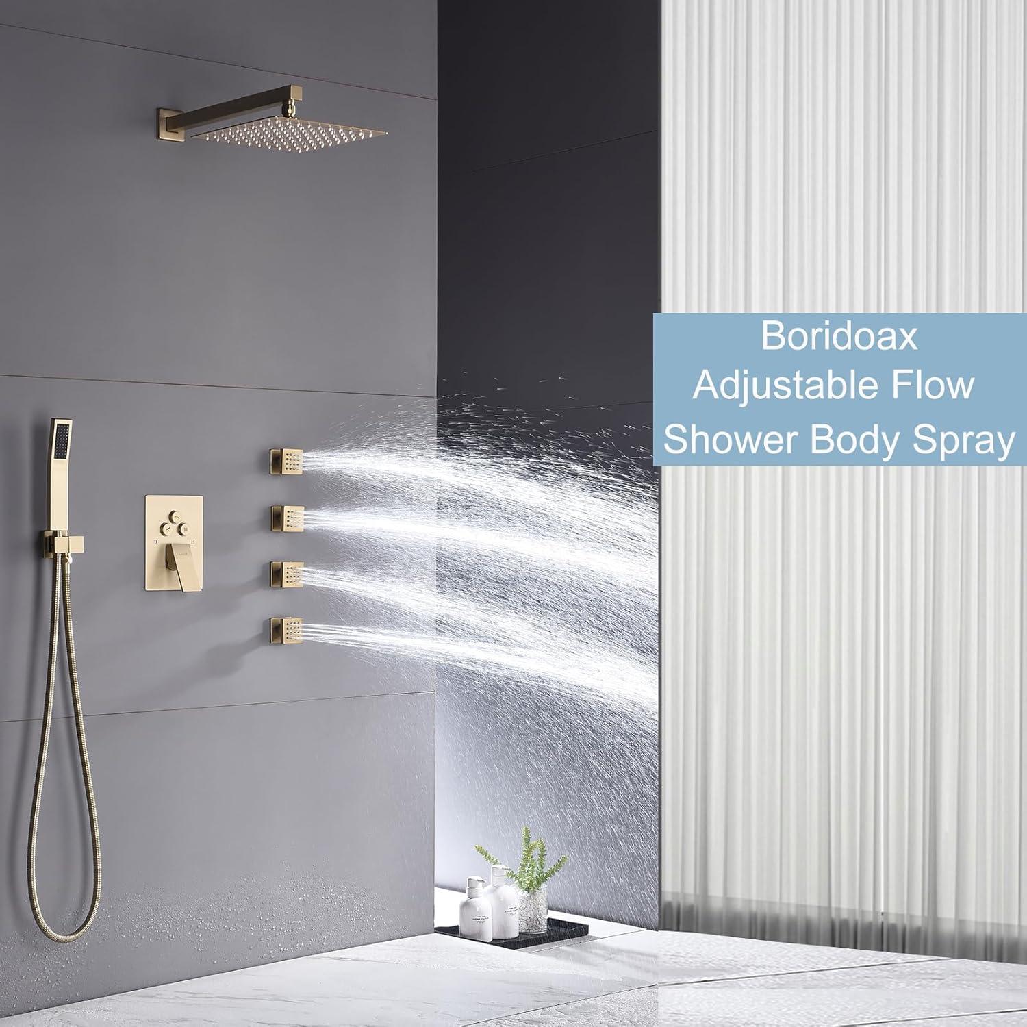 Shower Body Spray Jets with On Off 4PCS Square Shower Body Jet Brass Head Spray Spa Massage Body Shower Side Wall Spray Jets-Flow Cotrol (Brushed Gold)