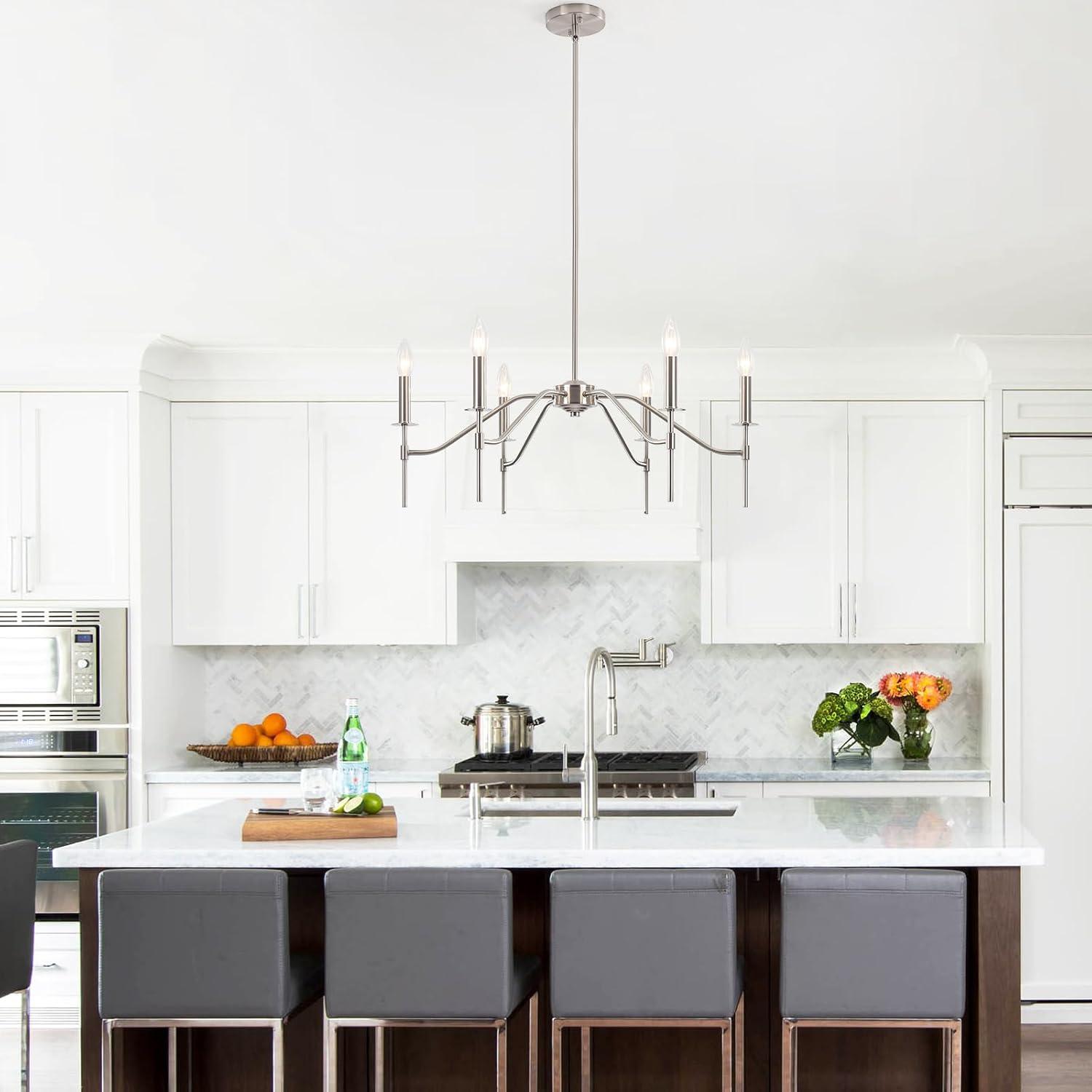 6-Light Farmhouse Chandelier for Dining Room Lighting Fixtures Hanging Brushed Nickel Chandelier for Kitchen Industrial Pendant Candle Lighting or Living Room Entryway Bedroom Foyer
