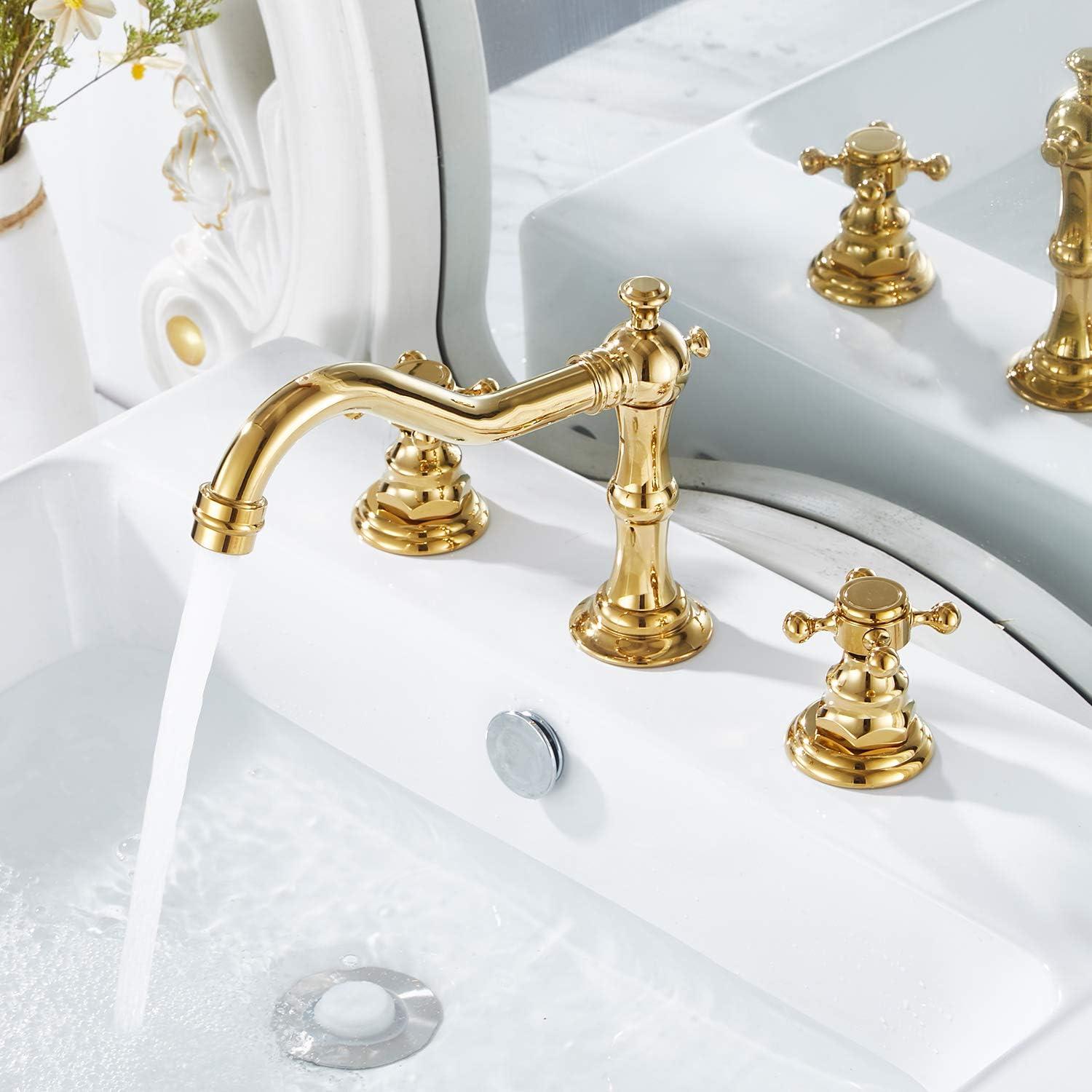 GGStudy 8-16 inch Two Handles 3 Holes Widespread Bathroom Sink Faucet Gold Basin Mixer Tap Faucet Matching Metal Pop Up Drain with Overflow