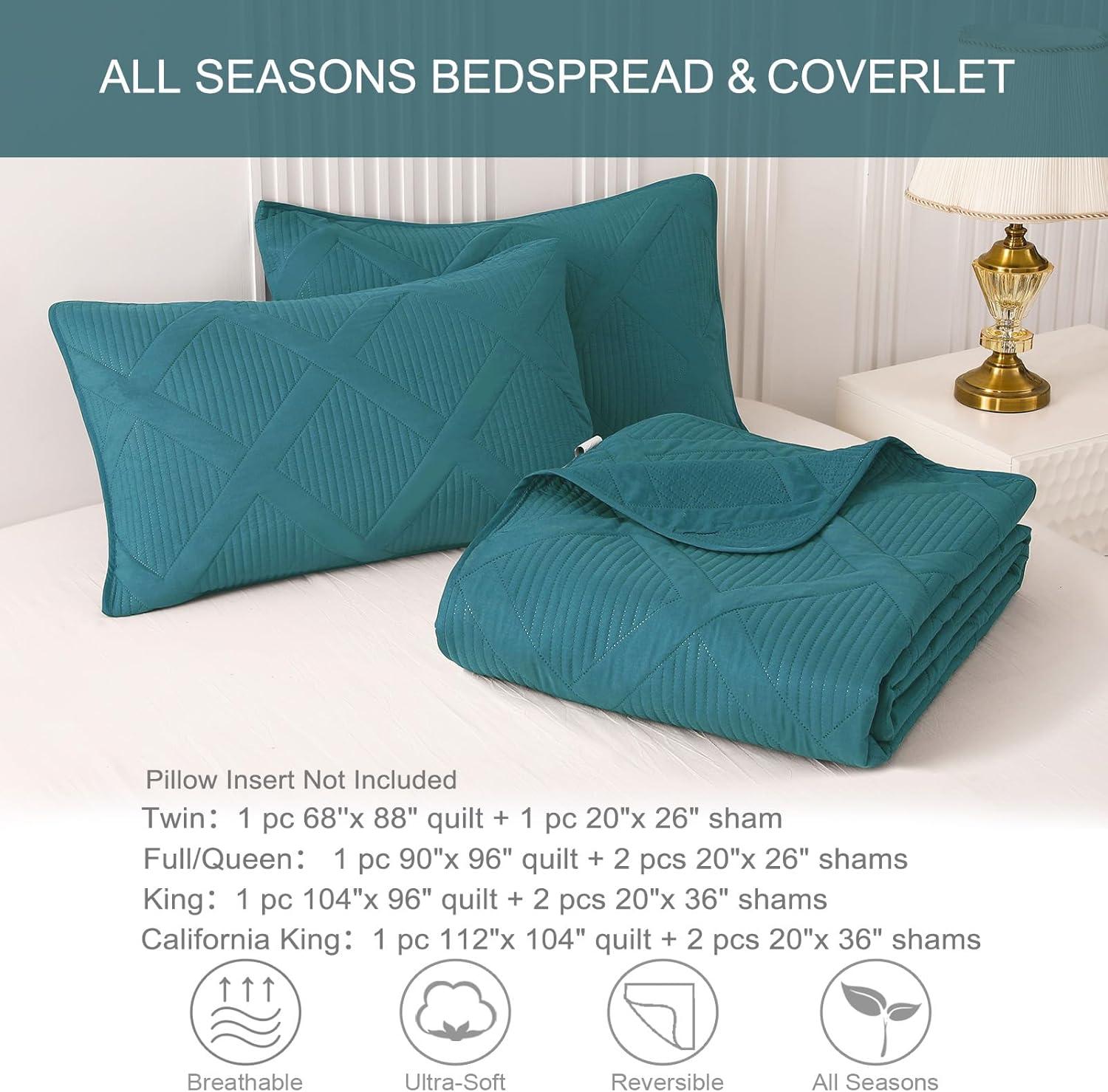 Exclusivo Mezcla Ultrasonic King Quilt Set, 3-Piece Lightweight Bedspreads Modern Striped Coverlet, Teal