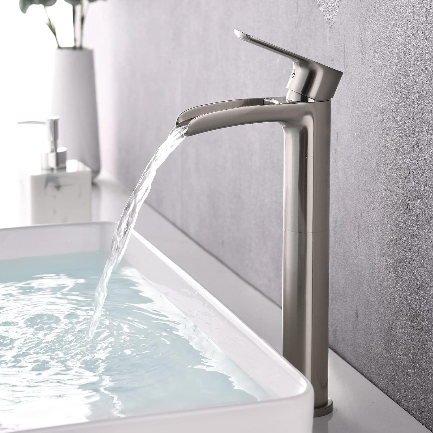 NEWATER Matte Black Tall Bathroom Vessel Sink Faucet, Single Hole Single Handle Waterfall Modern Bathroom Faucet, Vanity Faucet with Water Supply Line