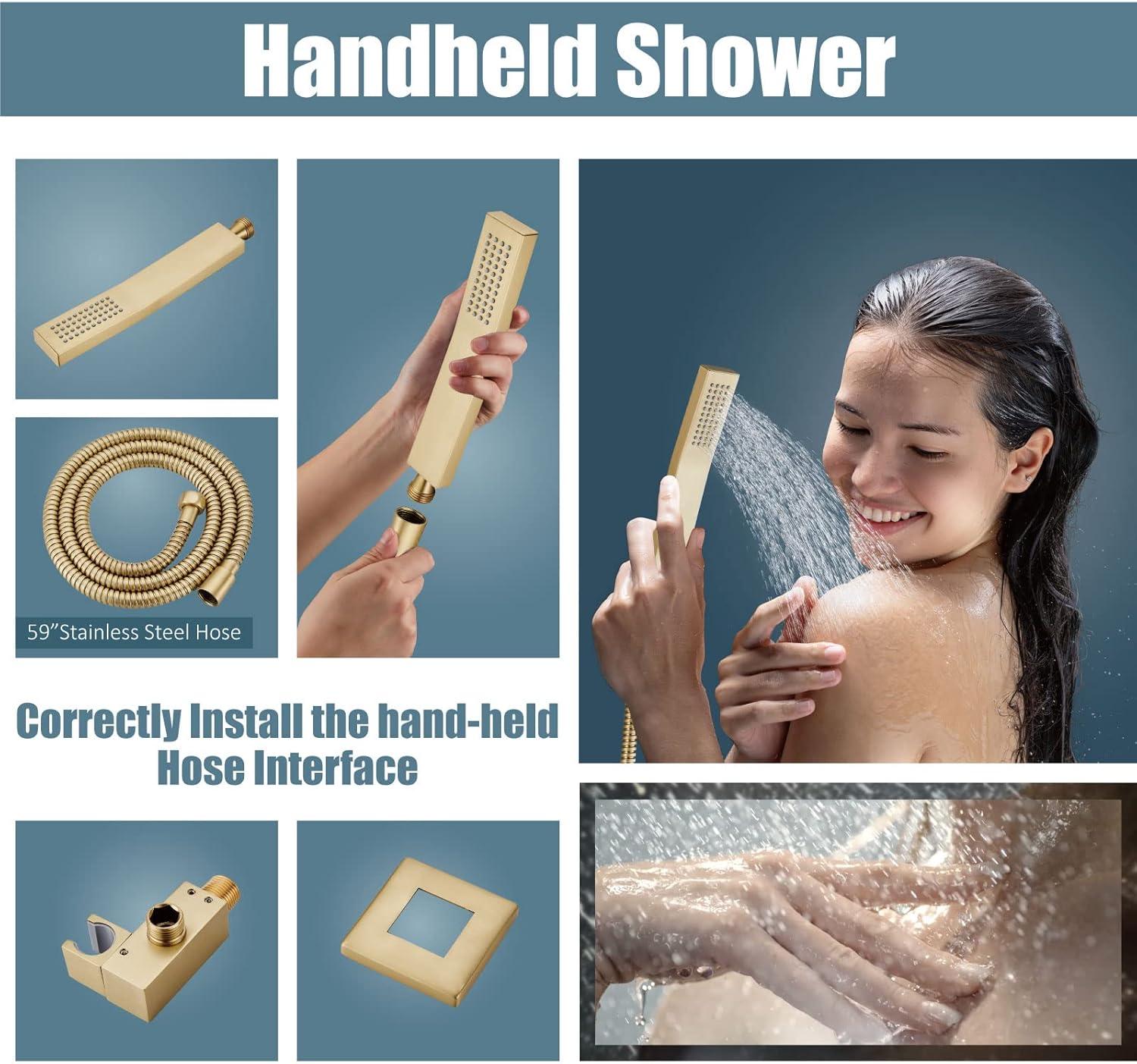 Shower system, 12" (approx. 30.5 cm) rain shower head and handheld spray bathroom shower unit with brass valve and wall trim kit Gold