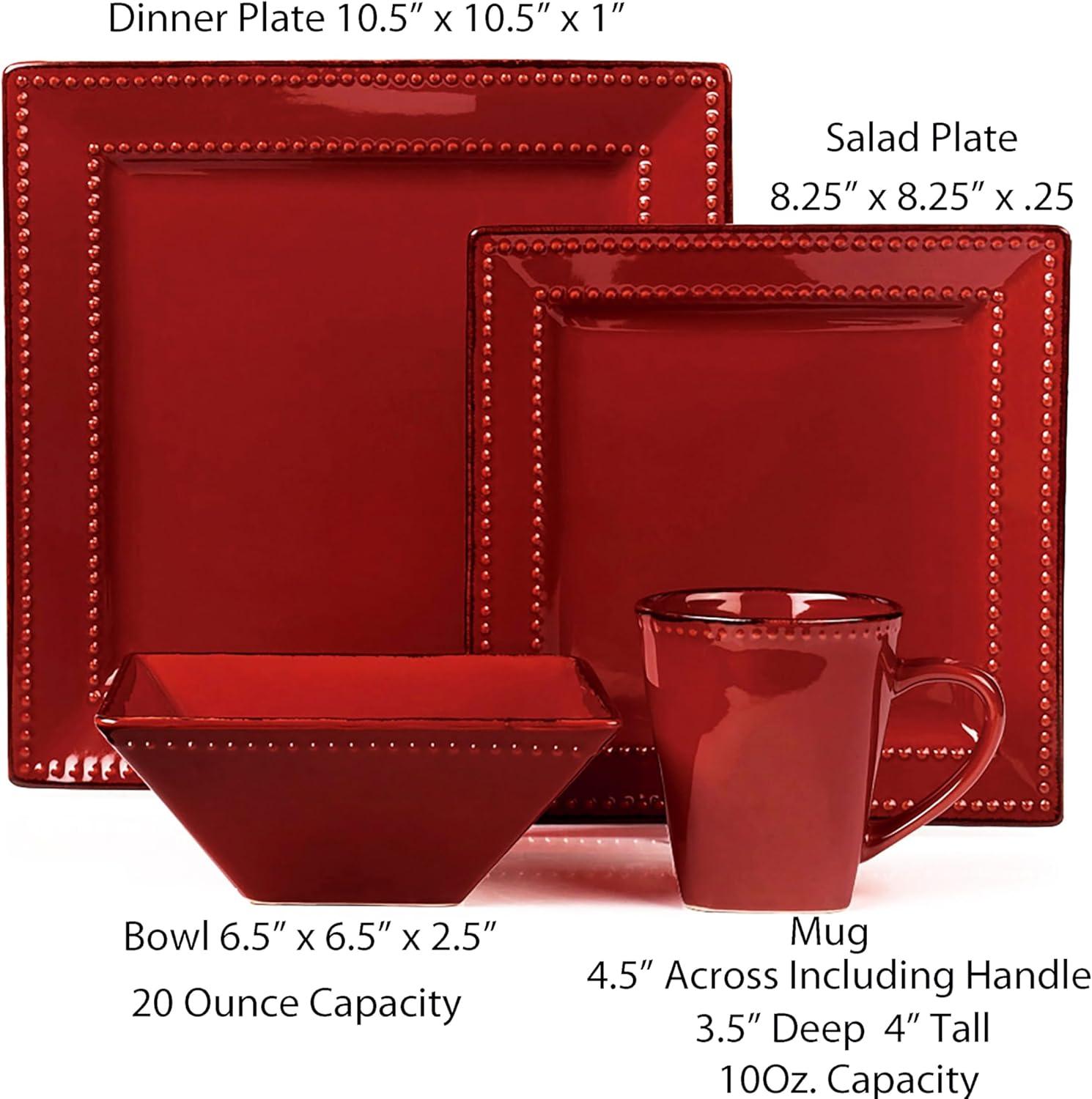 16 Piece Square Beaded Stoneware Dinnerware by Lorren Home Trends, Red