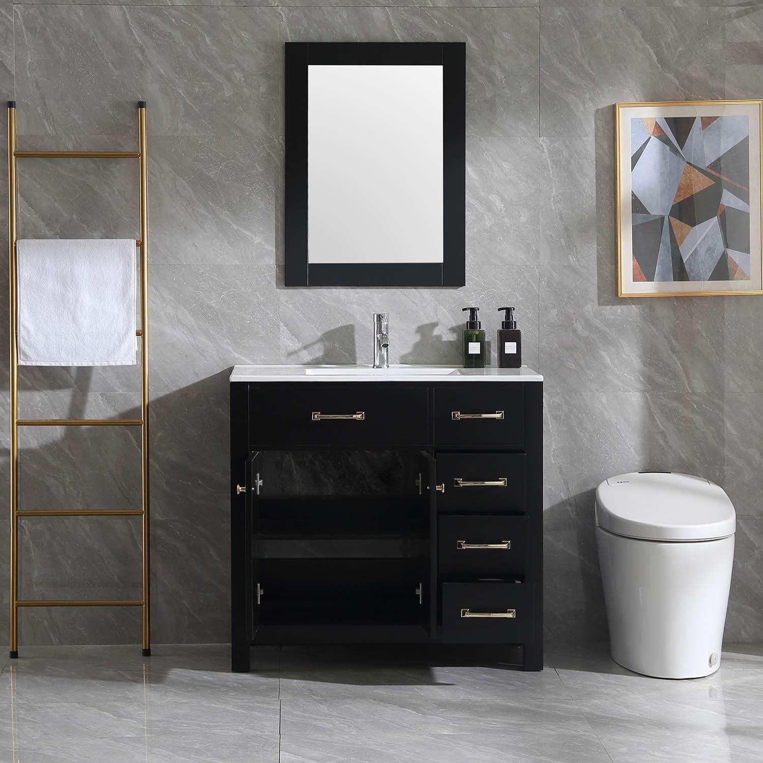 Wonline 36" Luxurious Bathroom Vanity with Sink Combo Set,Free Standing Bathroom Vanity Cabinet w/Thickened Wood, Faucet, Painted Surface, Mirror, Black