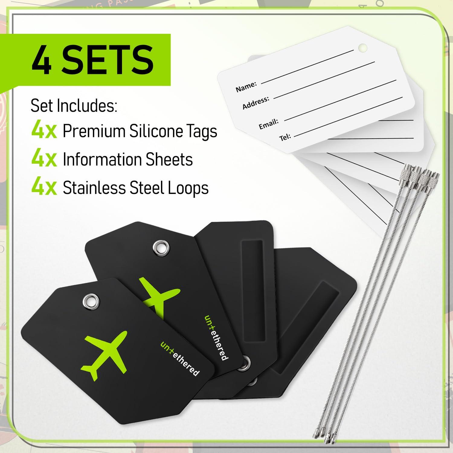 Untethered 4-Pack Luggage Tag Set | Luggage Tags, Luggage Tags for Suitcases, Bag Tag, Luggage Tags 4 Pack, Suitcase Tags, Identifiers Travel Bag Tags for Luggage, Name Travel Tags for Luggage