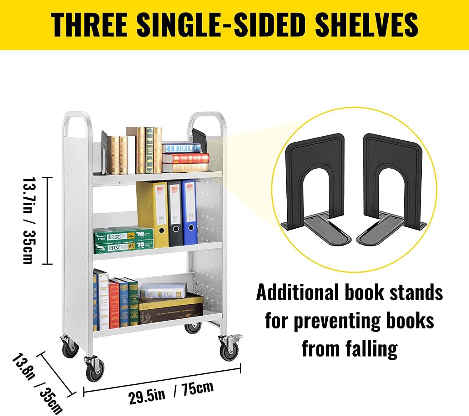 White Alloy Steel Rolling Book Cart with Built-In Shelf