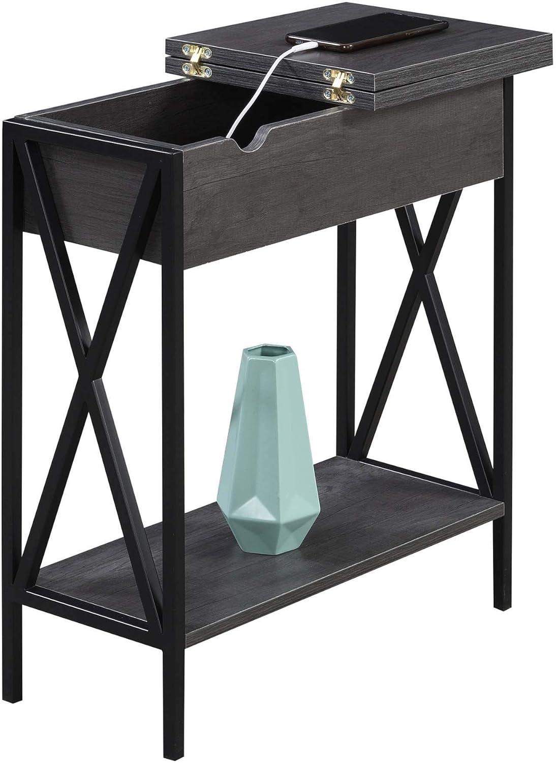 Convenience Concepts Tucson Flip Top End Table with Charging Station and Shelf, Charcoal Gray/Black