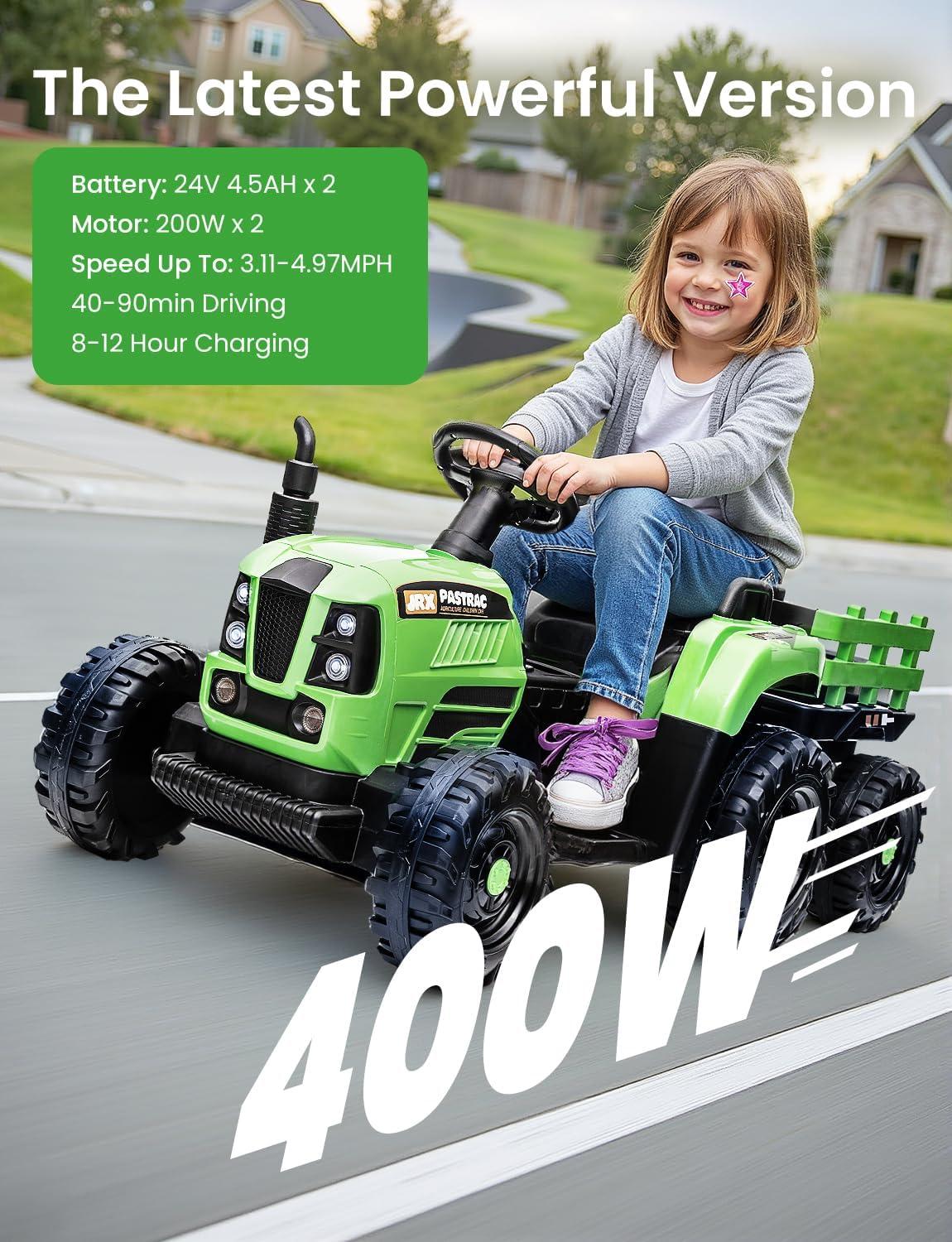 24V 400W Powered Electric Tractor for Kids, 3-Speed Ride On Tractor with Remote Control, USB/MP3/Bluetooth, LED Lights, Safety Belt, 1.86-4.97 MPH，Green