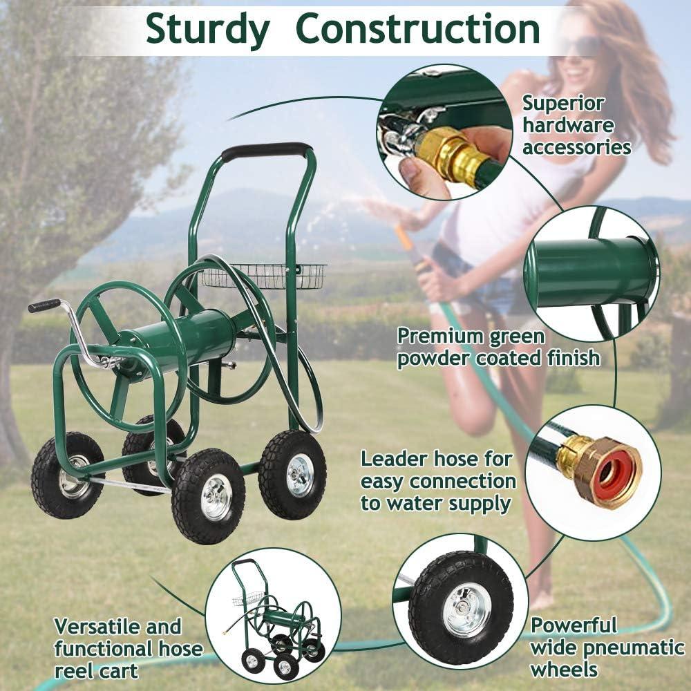 Garden Hose Reel Cart, Lawn Water Planting Cart with Wheels, Heavy Duty Outdoor Yard Water Planting Truck Holds 300-Feet of 5/8-Inch Hose with Storage Basket for Patio Farm(Green)