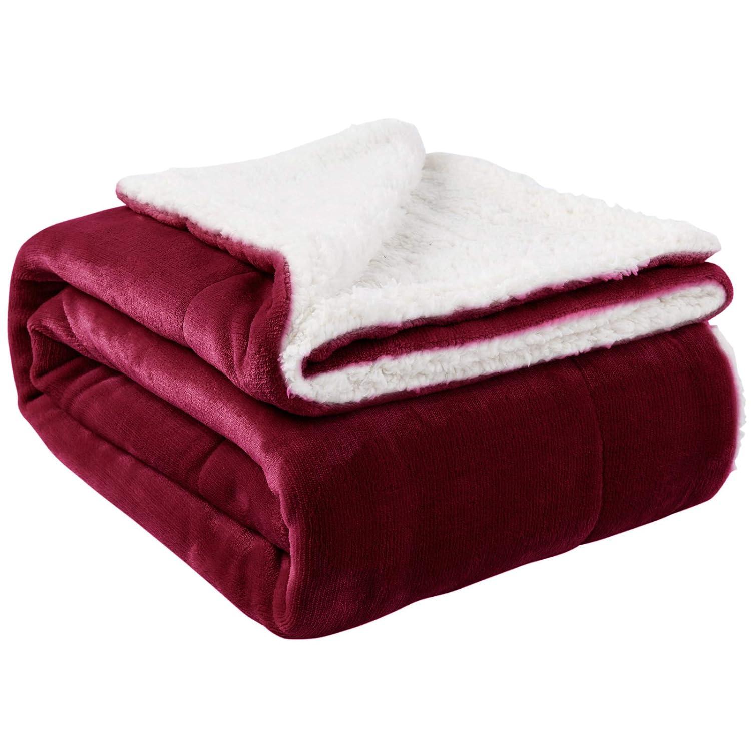 NANPIPER Sherpa Blanket Warm Blankets Super Soft Fuzzy Flannel Fleece/Wool Like Reversible Velvet Plush Couch Blanket Lightweight(Wine Red Throw Size 50"x60")
