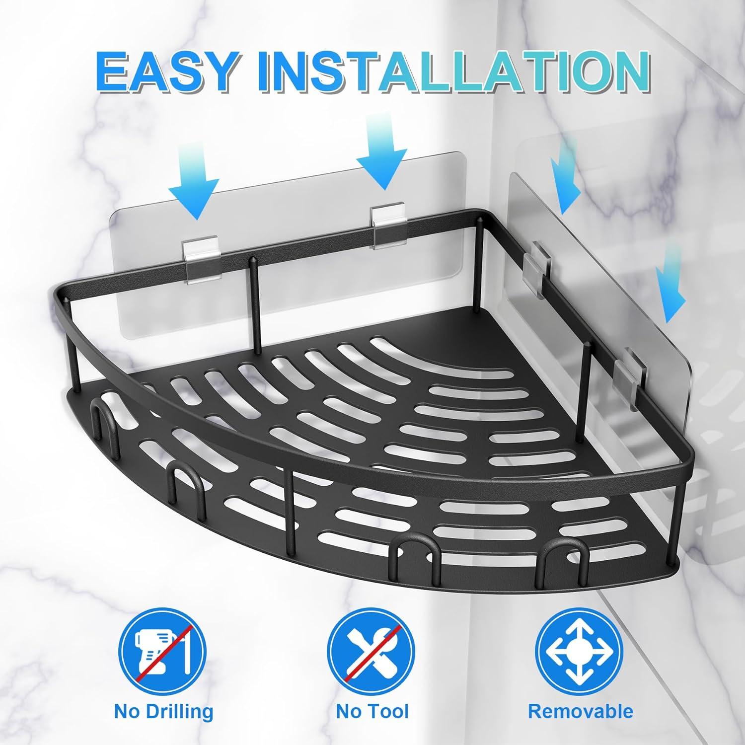 Corner Shower Caddy, 2 Pack Adhesive Bathroom Shower Corner Organizer Shelf, No Drilling Rustproof Wall Mounted Shower Storage Rack Shampoo Holder Organizer (Black)