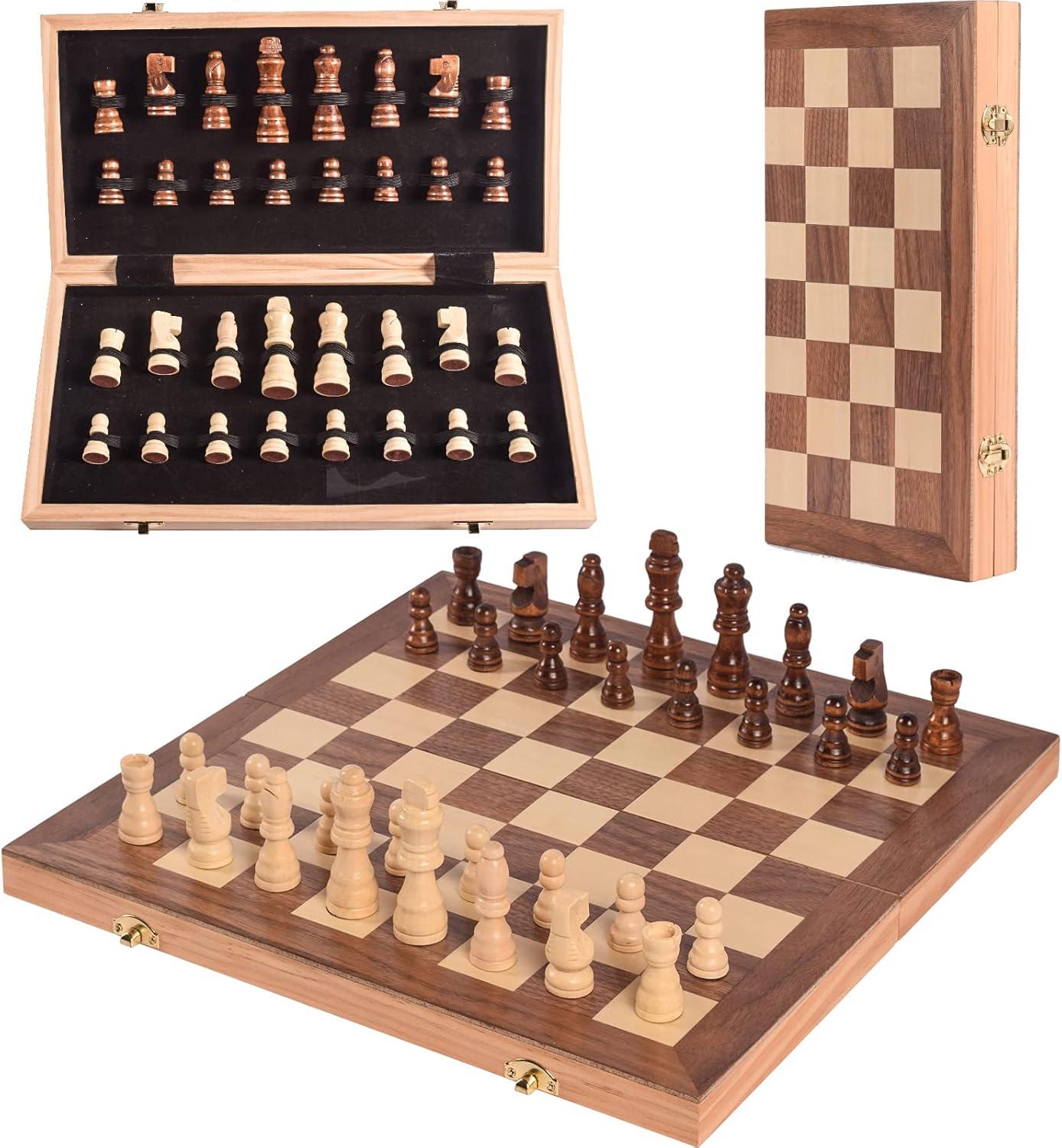 15" Folding Wooden Chess Set with Hand-Carved Pieces