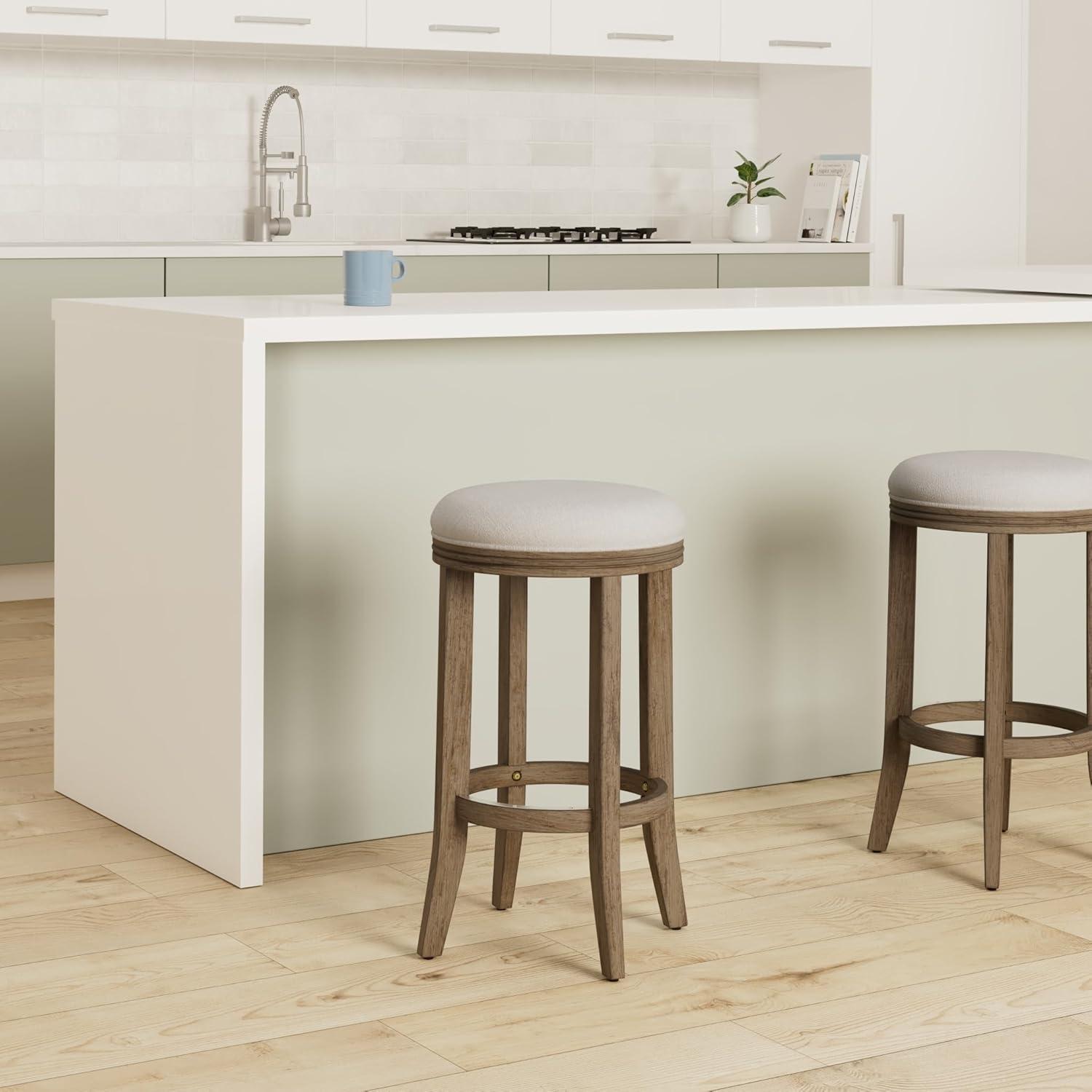 Maven Lane Eva Counter Stool in Reclaimed Oak Finish with Ash Grey Fabric Upholstery
