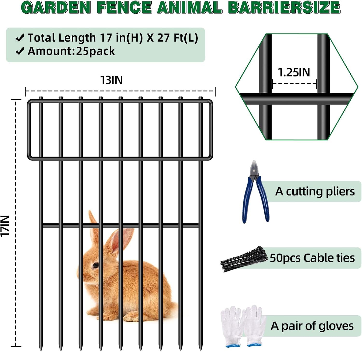 10 Pack Garden Fencing Animal Barrier, 10.8ft(L) X 17in(H) No Dig Fence Panels, 1.25in Spike Spacing Rustproof Dog Digging Fence Barrier, Dogs Rabbits Blocker Fence for Outdoor Yard