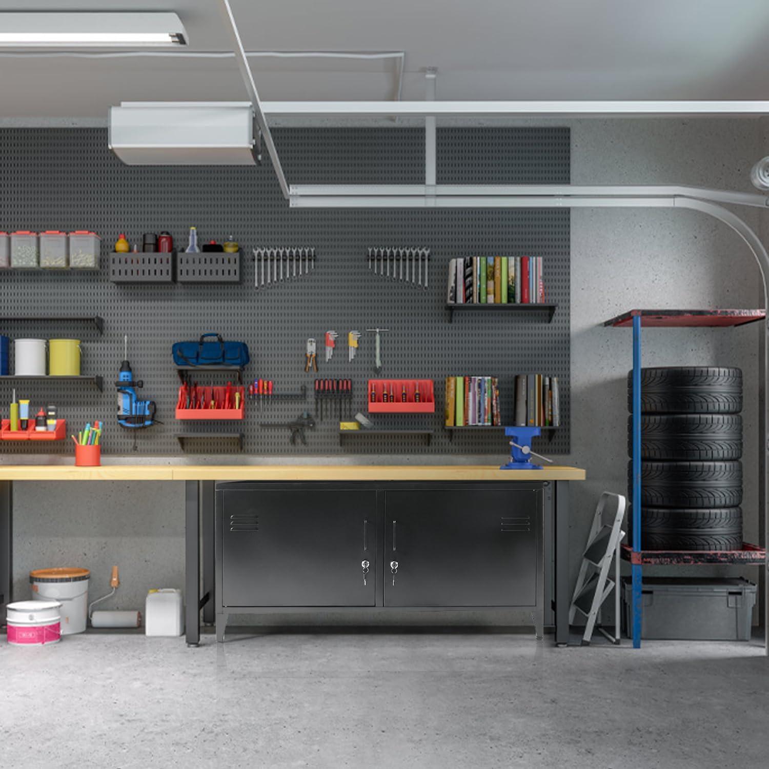 HOPUBUY Metal Storage Cabinet with Lock, Steel Locker Cabinet with Removable Shelves and 2 Locking Doors, Black Storage Cabinets for Home, Garage, Office, Bedroom