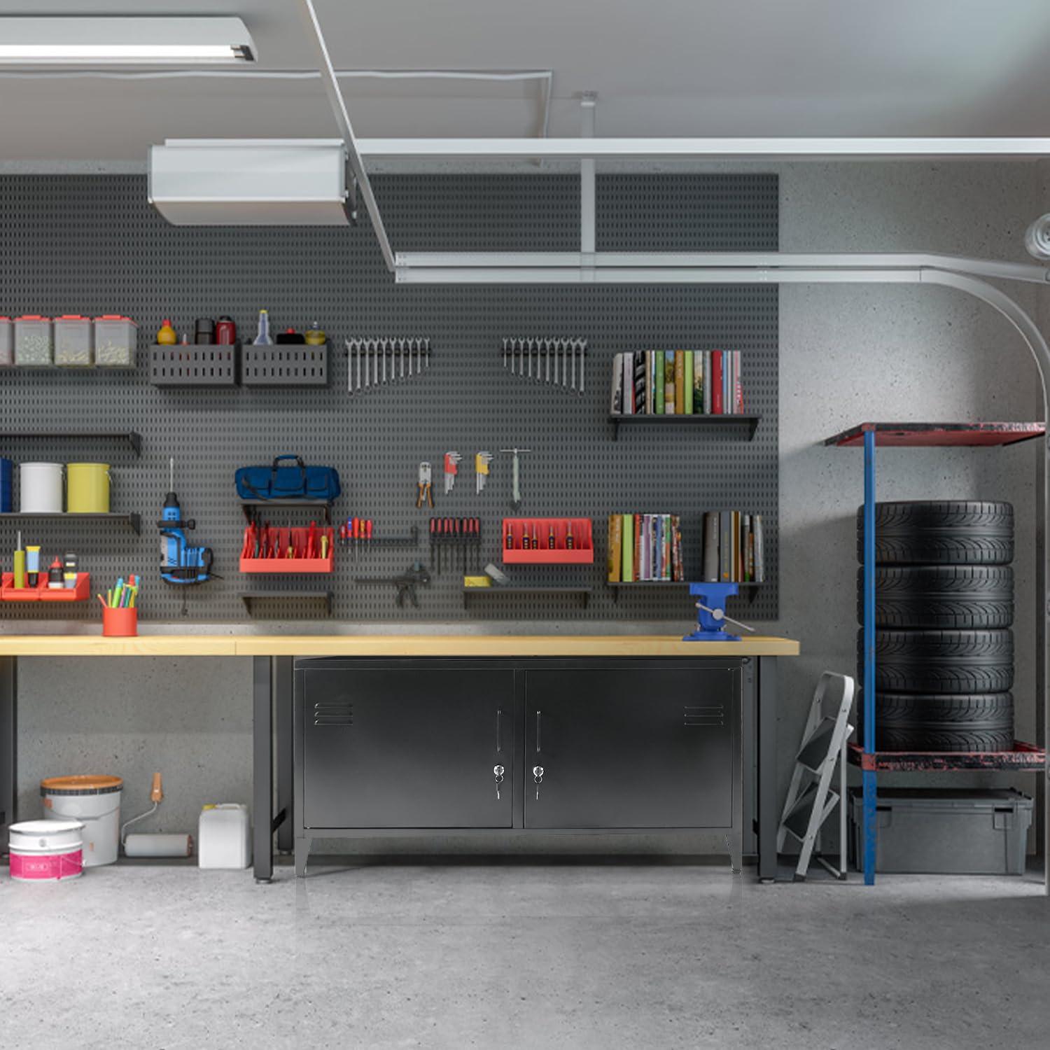 HOPUBUY Metal Storage Cabinet with Lock, Steel Locker Cabinet with Removable Shelves and 2 Locking Doors, Black Storage Cabinets for Home, Garage, Office, Bedroom