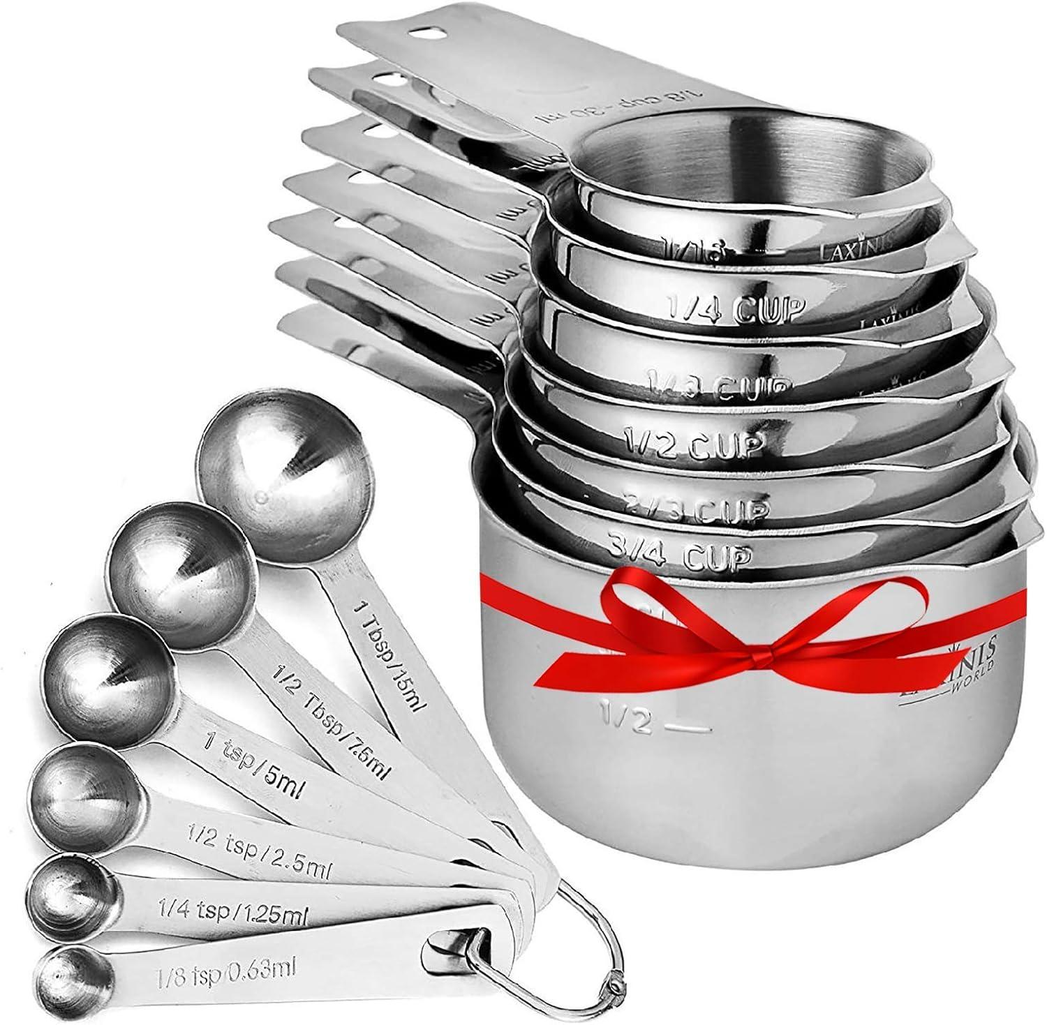 13 Piece Measuring Cups And Spoons Set, Sturdy & Stainless Steel 7 Measuring Cups and 6 Measuring Spoons, Stackable, By Laxinis World