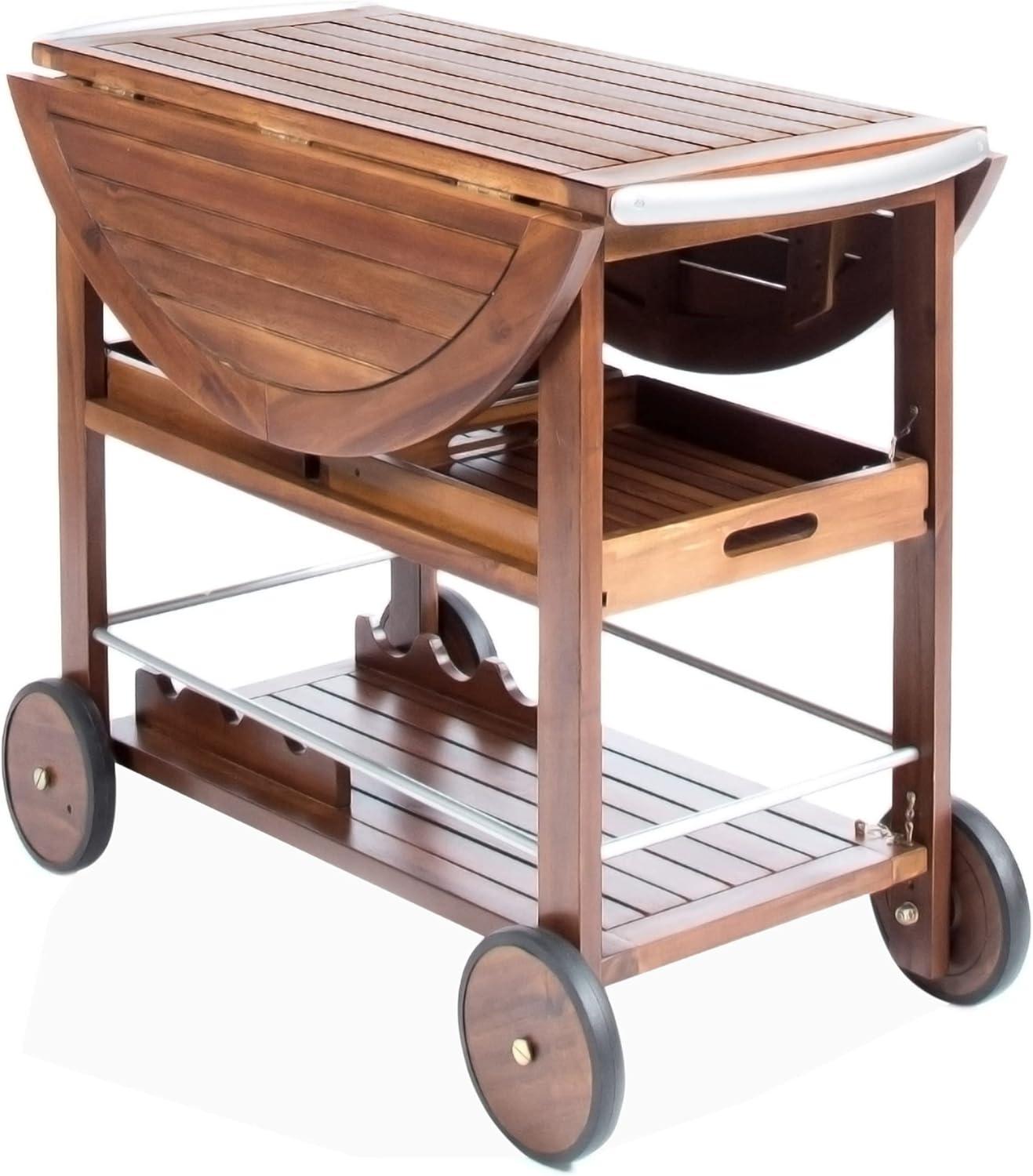 Modern Industrial Dark Oak Acacia Wood Bar Cart with Drop Leaf and Wine Rack