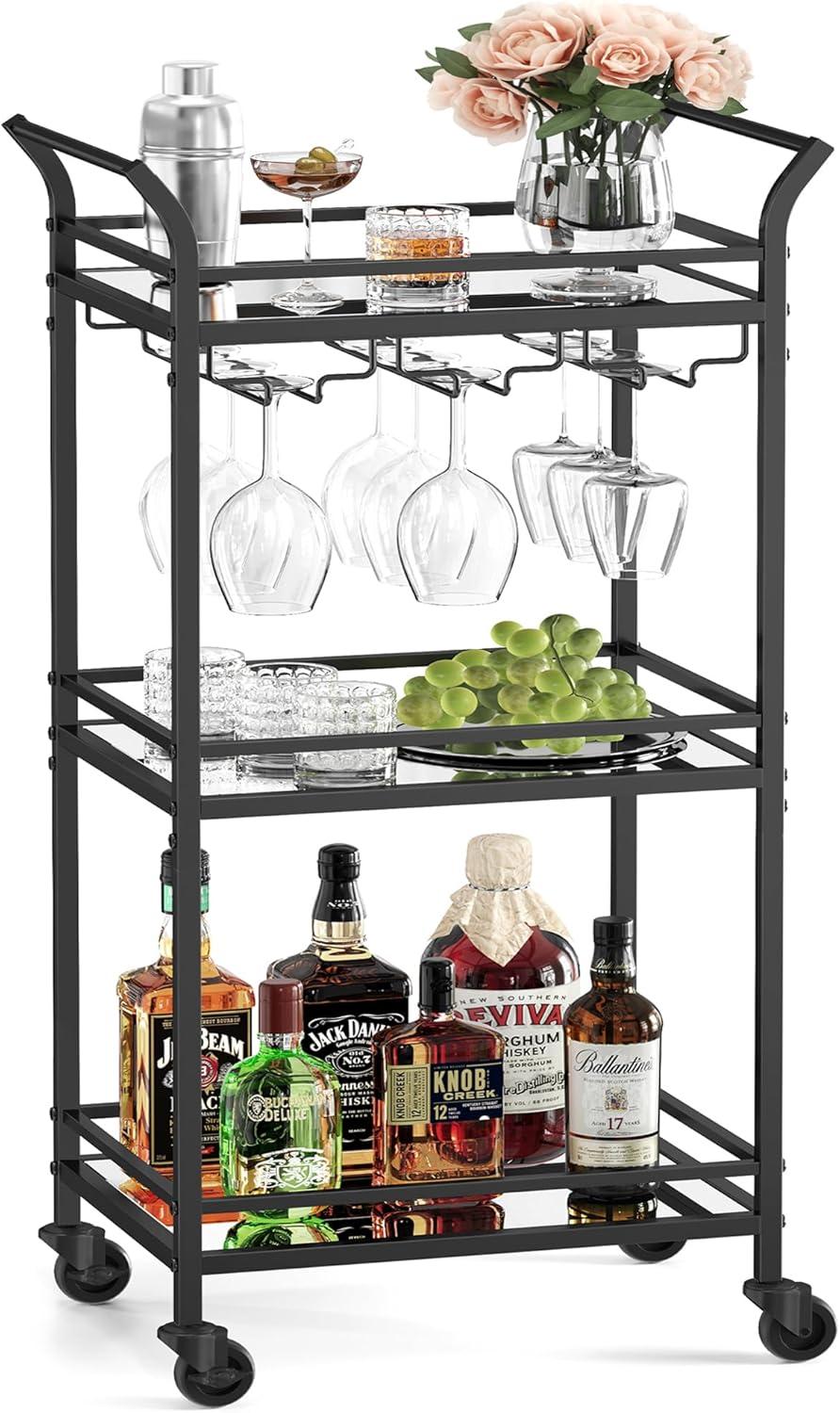 Ink Black 3-Tier Steel and Glass Bar Cart with Storage