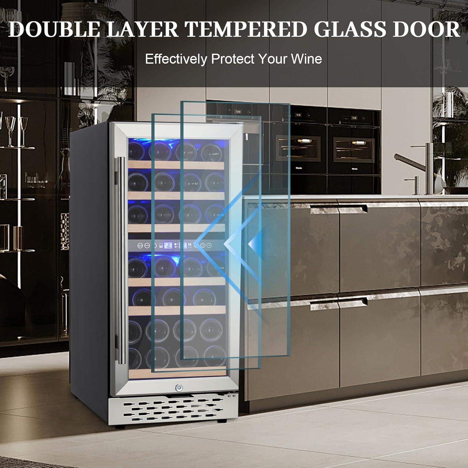 28 Bottle Wine Cooler Refrigerator - Double-Layer Glass Door, Temperature Stable, Digital Touch Control, Single Area Dual Temperature, with Safety Lock, Built-in or Freestanding
