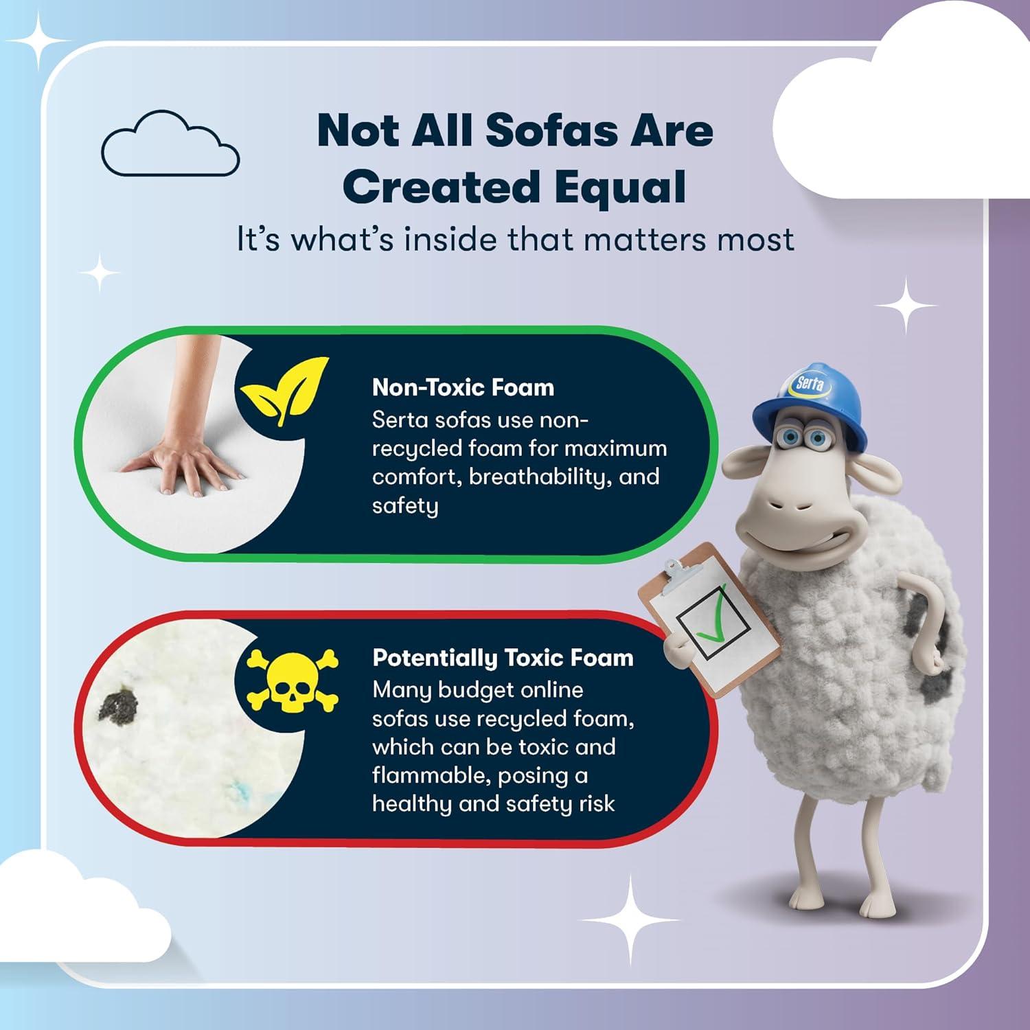 Serta Copenhagen 61" Rolled Arm Sofa, Easy Care Fabric, Soft Pillow Back, Pocket Coil Seat Cushions