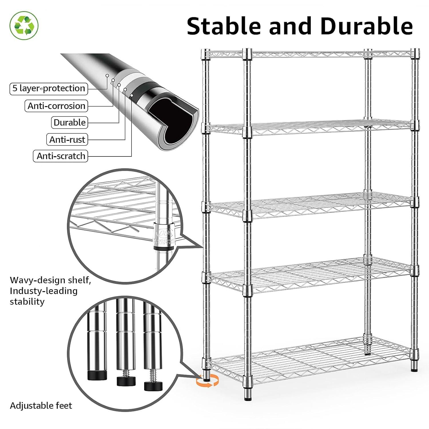 1250 lbs Steel Heavy Duty 5-Tier Utility Shelving Unit Steel Organizer Wire Rack for Home,Kitchen,Office,Chrome (13.7" D x 23.6" W x 62.4" H)