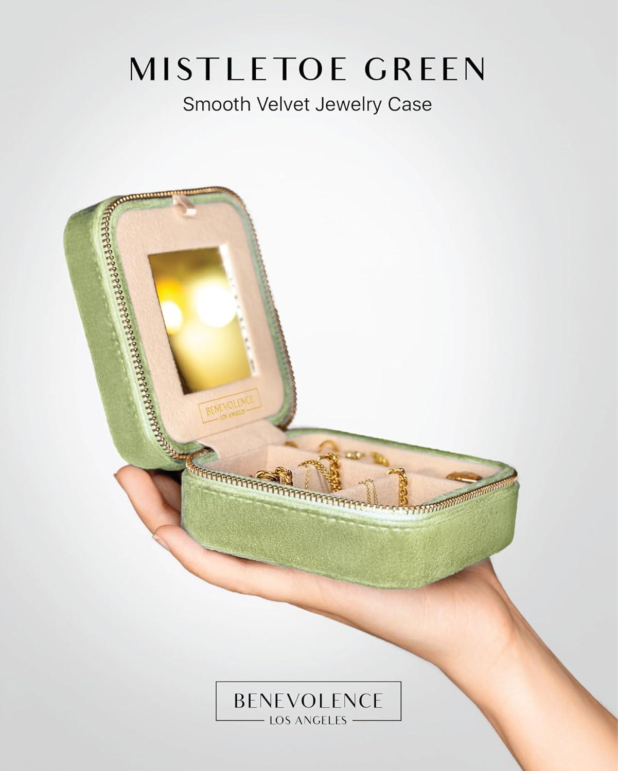 Benevolence LA Plush Velvet Square Travel Jewelry Box with Mirror- Mistletoe Green
